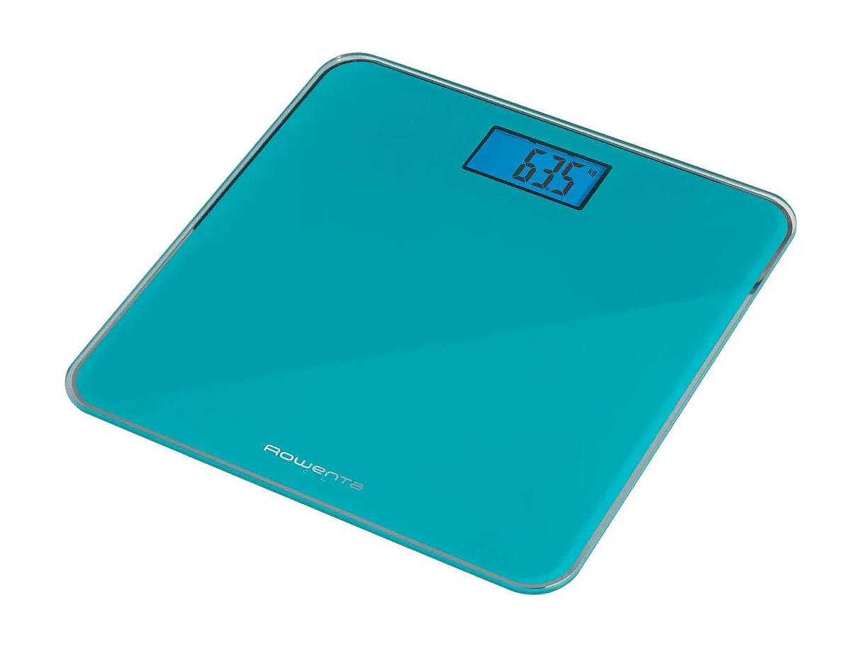 Digitale Badezimmerwaage Rowenta Classic türkis, gehärtetes Glas, beleuchtetes Display, Kapazität 160 kg