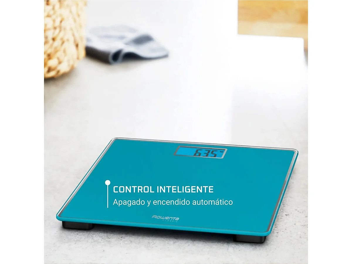 Digitale Badezimmerwaage Rowenta Classic türkis, gehärtetes Glas, beleuchtetes Display, Kapazität 160 kg