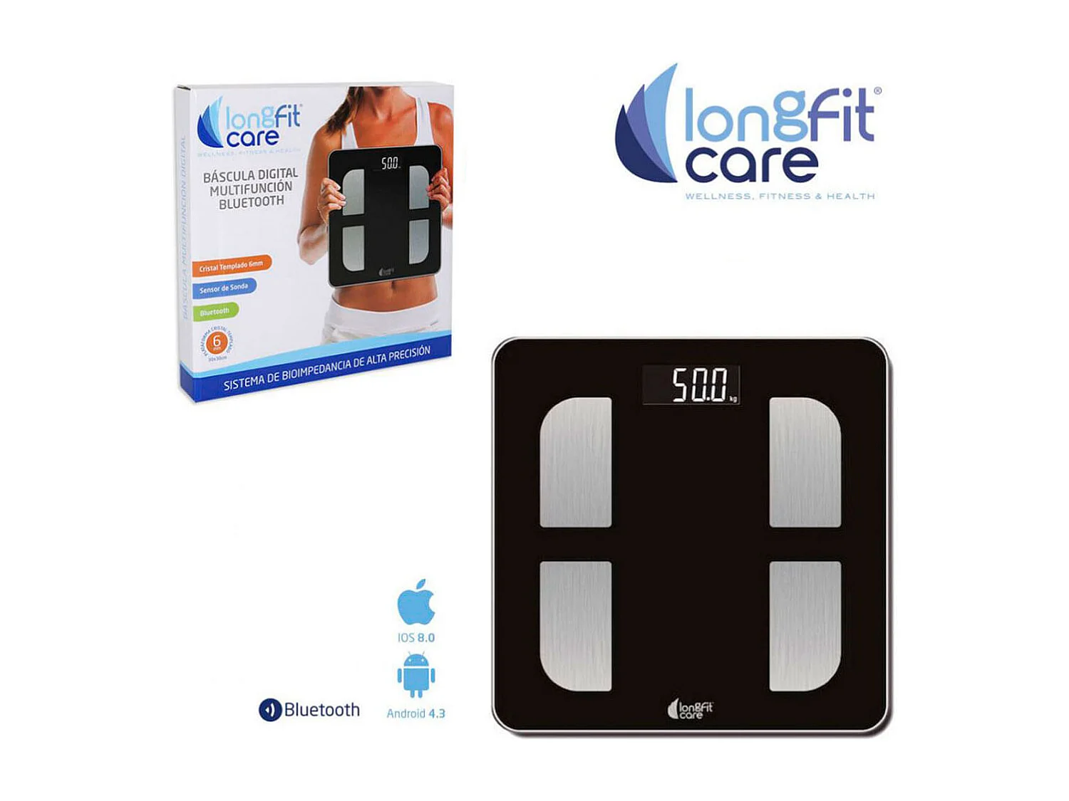 Báscula digital Longfit Care control vía App Bluetooth negro 30x30 cm