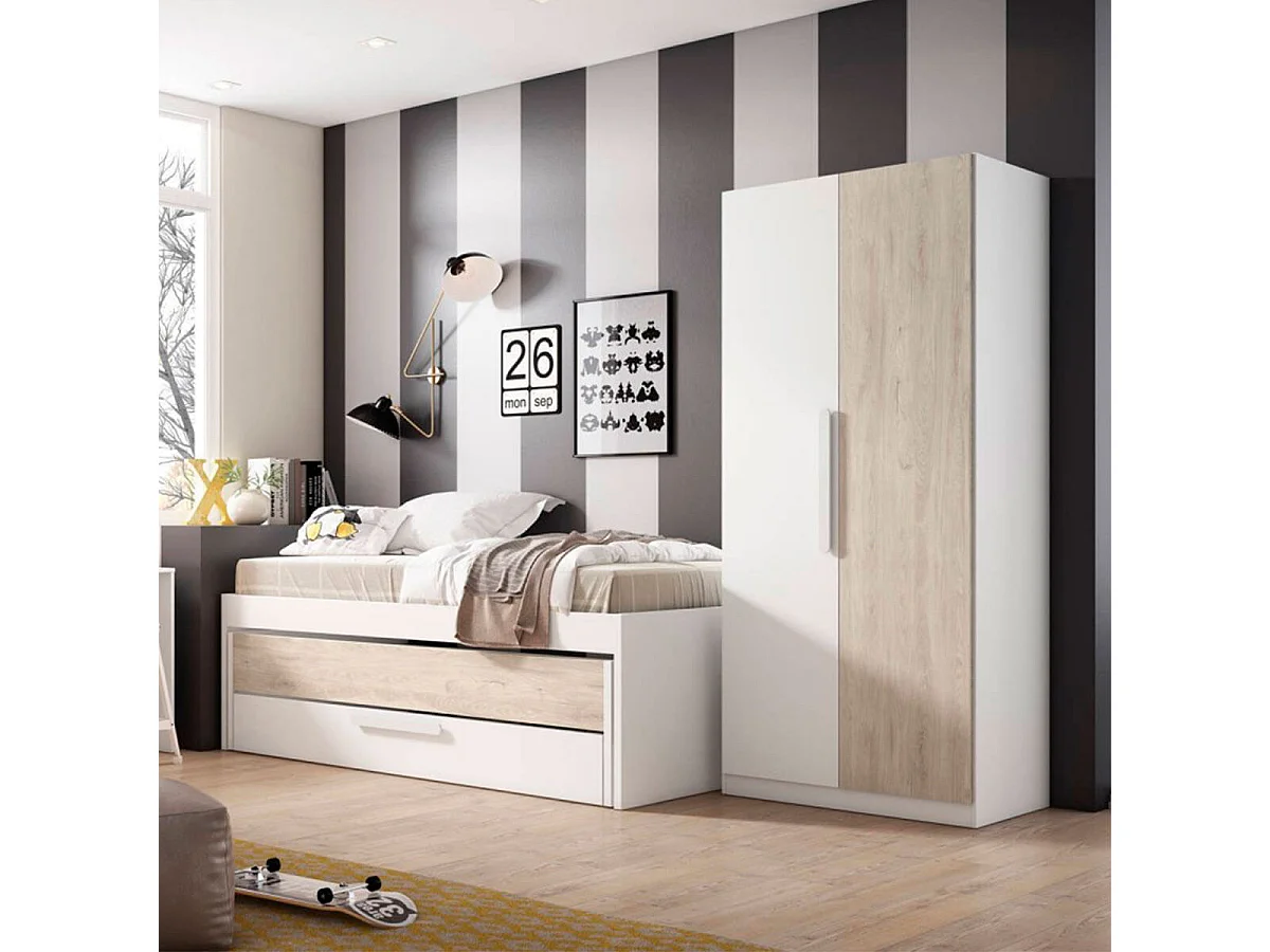 Compacto con doble cama y cajón ESTELLE. Color sahara y blanco mate 212x98x62 cm