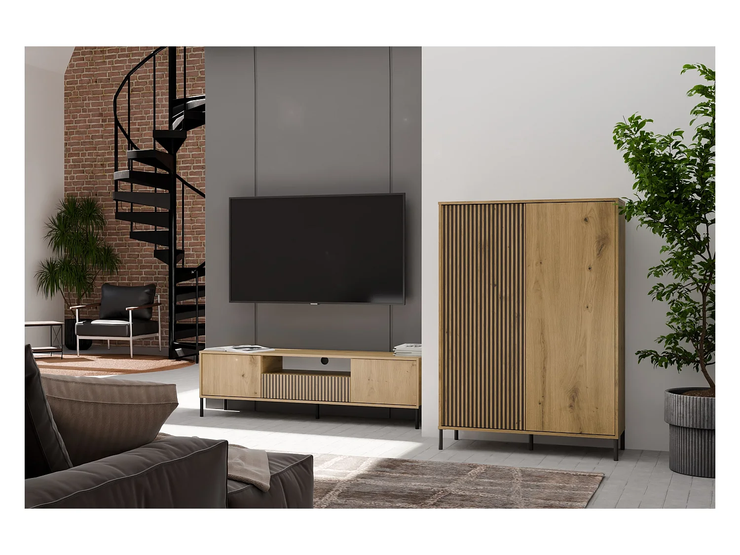 KAMARO – Armario moderno 8 estantes y 2 puertas – 147.5x103.5x40 cm – Mueble de almacenamiento – Roble artesanal