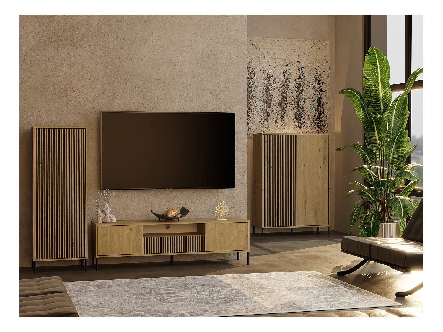 KAMARO – Armario moderno 8 estantes y 2 puertas – 147.5x103.5x40 cm – Mueble de almacenamiento – Roble artesanal