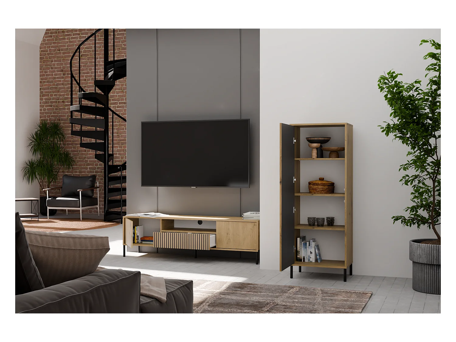 KAMARO – Moderner Schrank mit 3 Regalen – 147,5x53,5x40 cm – Aufbewahrungsmöbel – Handwerks-Eiche