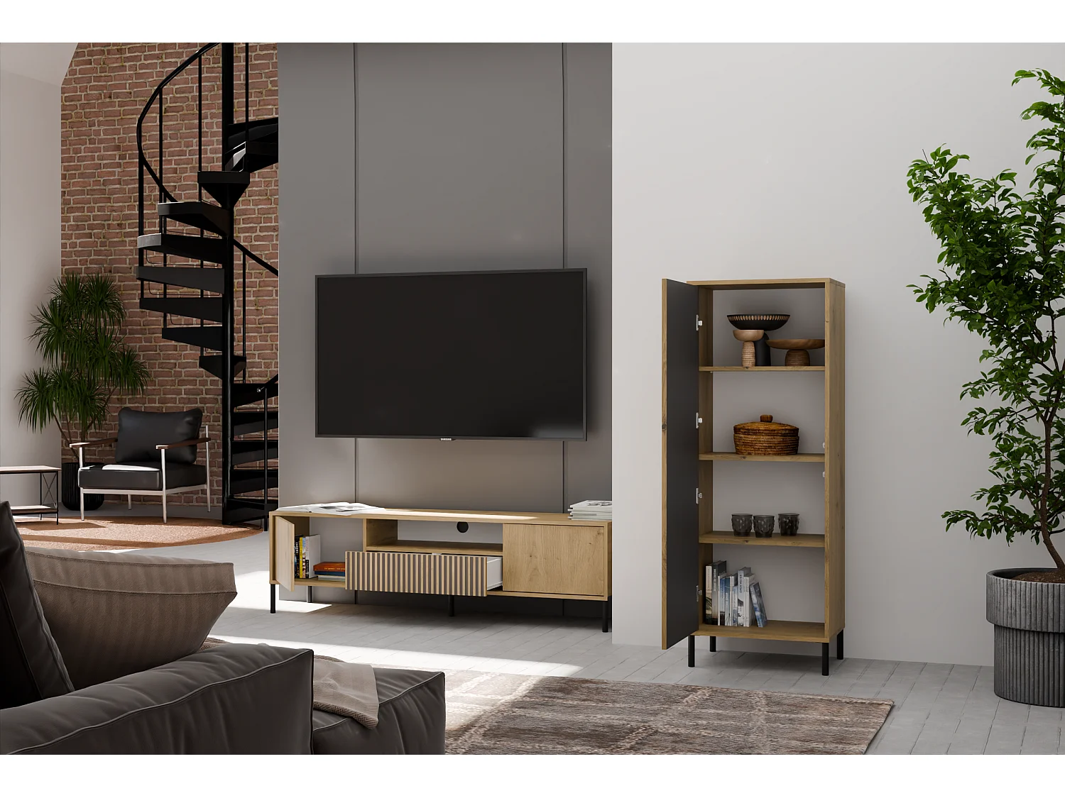 Witryna KAMARO 1DD Slim | Dąb Artisan | 53.5x40x147.5 cm | Ryflowany Front