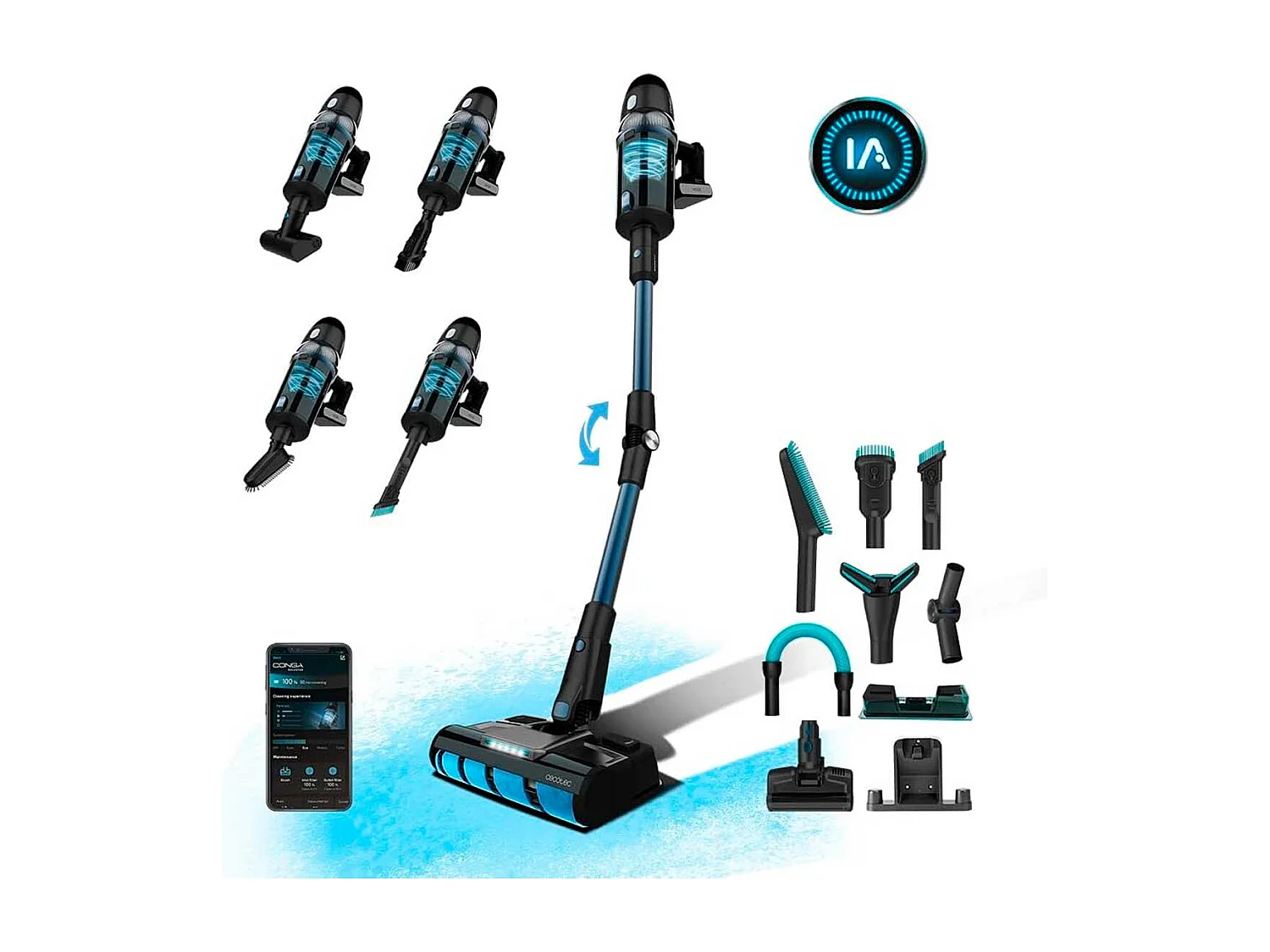 Aspirador vertical Conga Rockstar 9500 Connected Ergowet 3000 IA 680W 4 en 1 WiFi negro