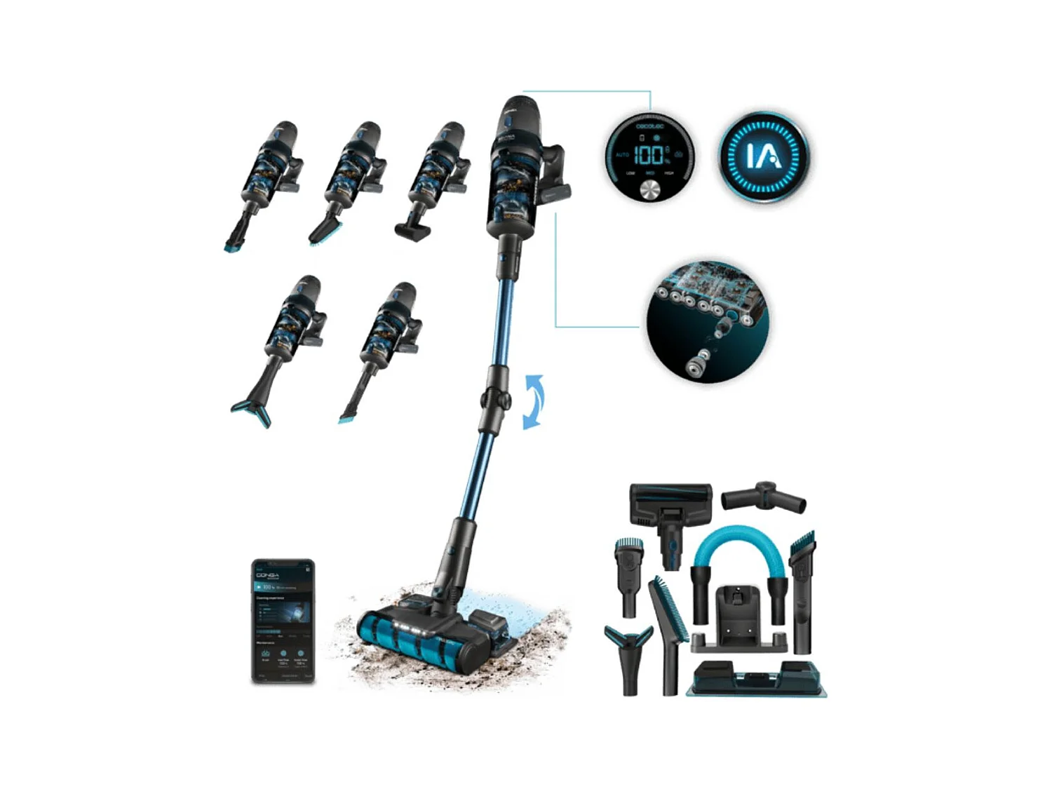 Aspirador vertical Cecotec Conga Rockstar 11500 Odyssey ErgoWet Connected IA 850W 4 en 1 negro/azul