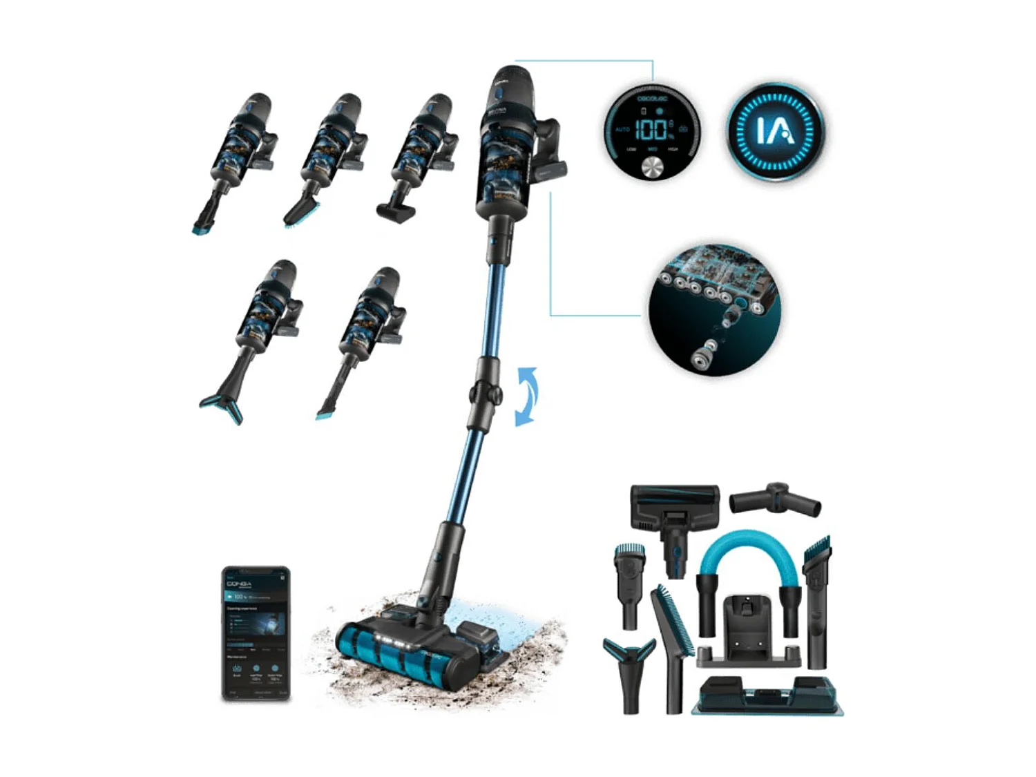 Aspirador vertical Cecotec Conga Rockstar 11500 Odyssey ErgoWet Connected IA 850W 4 en 1 negro/azul
