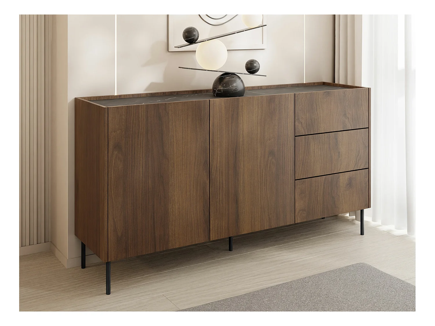 Commode Comfivo Belviro 101, Marbre noir|Noyer, Avec tiroirs et portes, 78x160x37cm