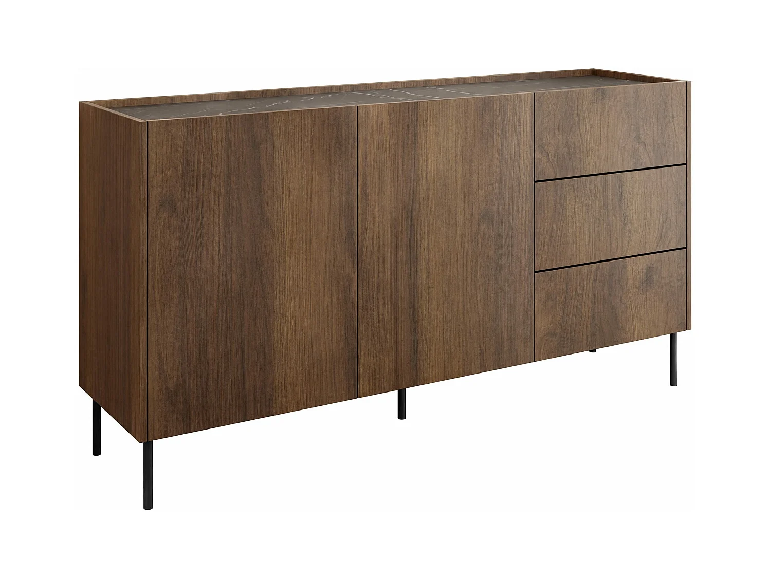 Commode Comfivo Belviro 101, Marbre noir|Noyer, Avec tiroirs et portes, 78x160x37cm