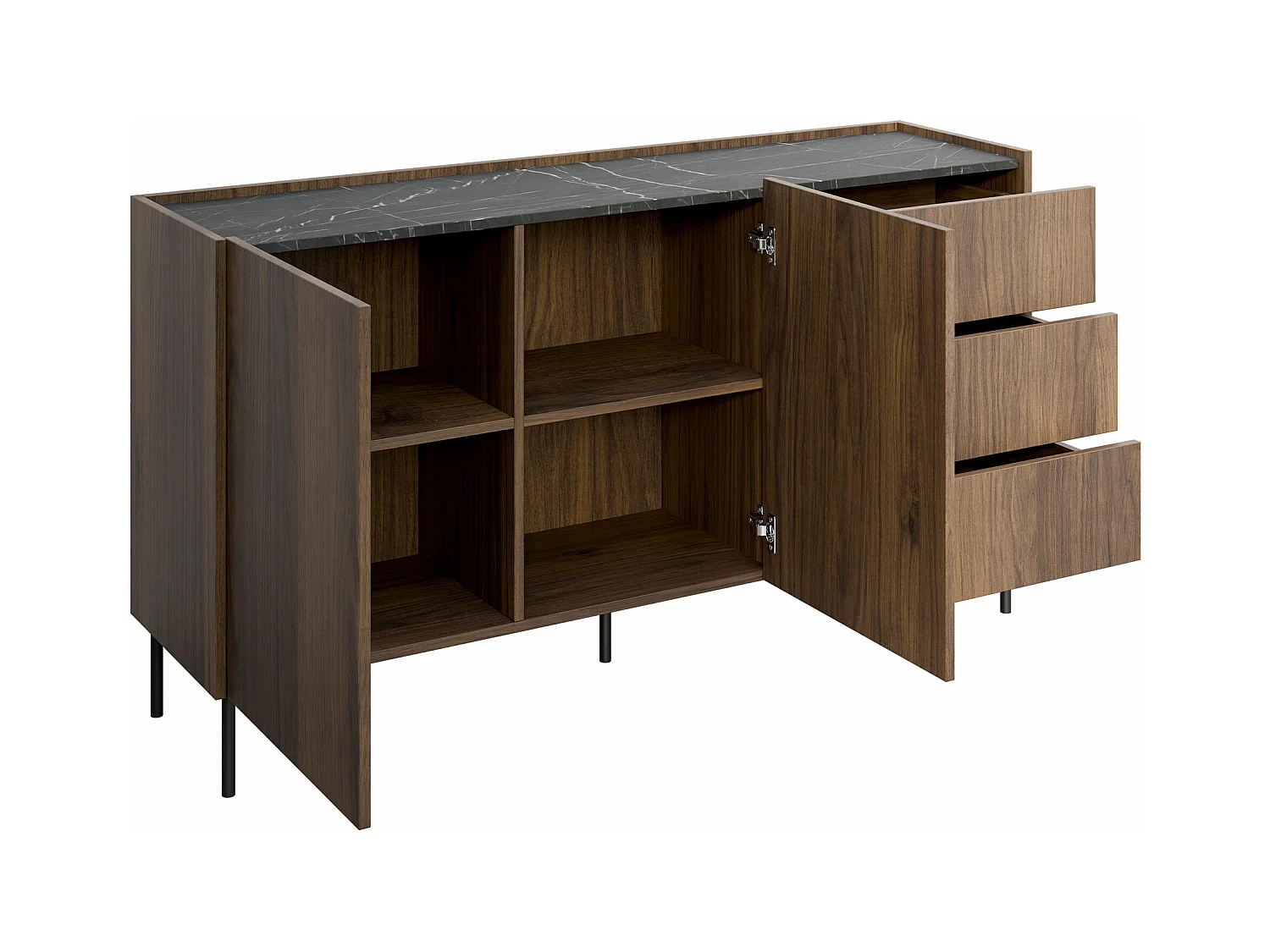 Commode Comfivo Belviro 101, Marbre noir|Noyer, Avec tiroirs et portes, 78x160x37cm