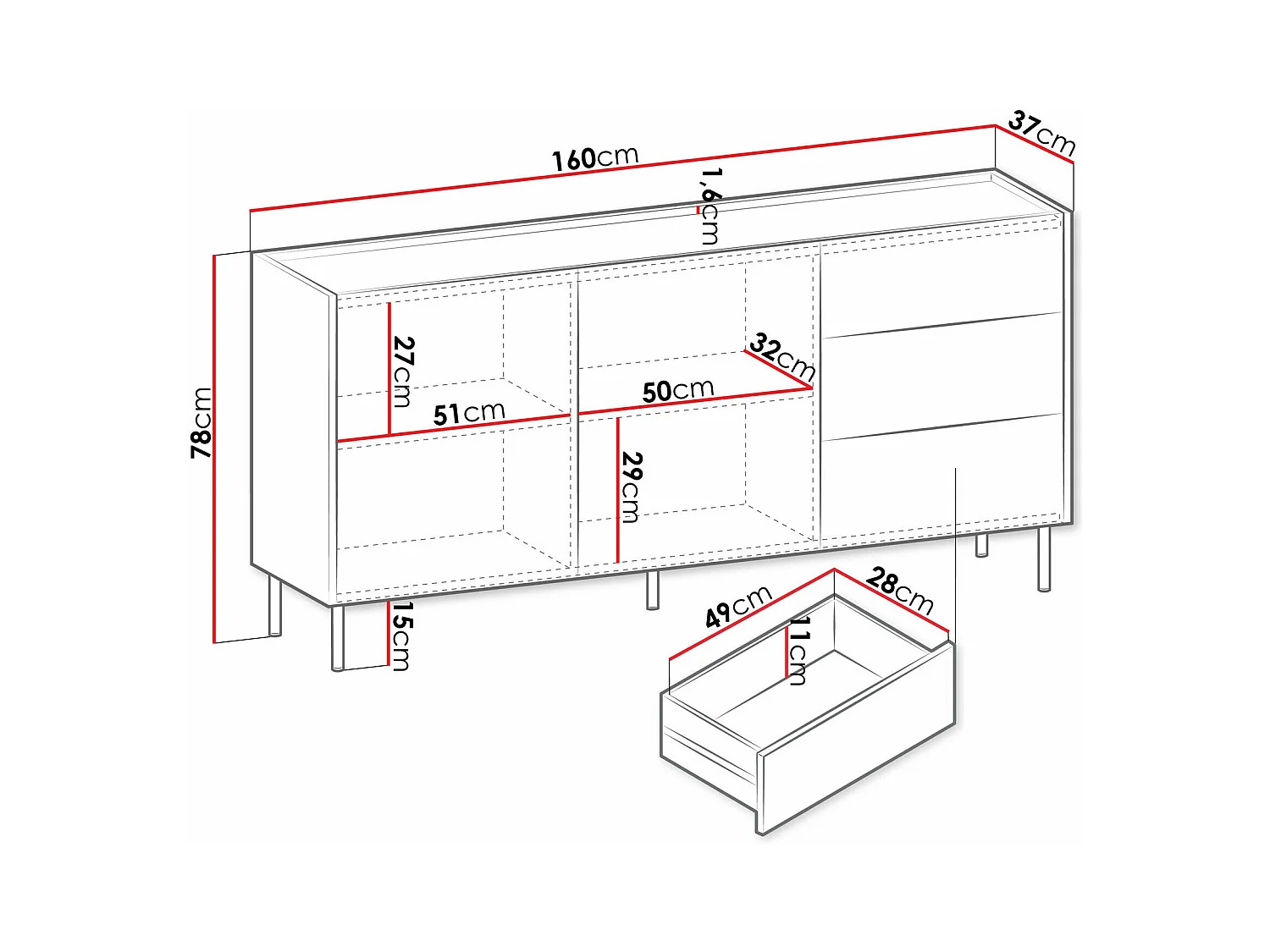 Commode Comfivo Belviro 101, Marbre noir|Noyer, Avec tiroirs et portes, 78x160x37cm