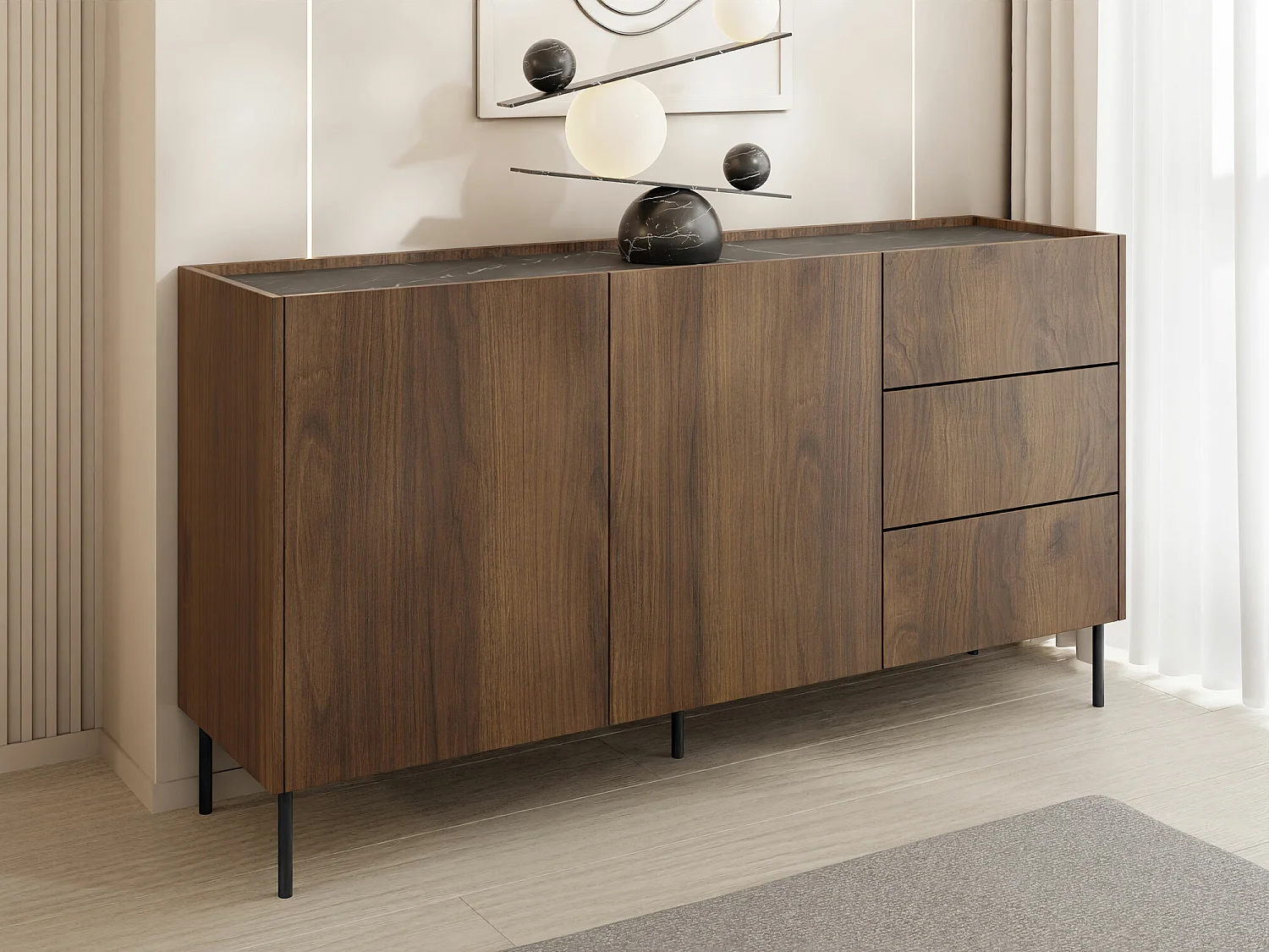 Cassettiera Comfivo Belviro 101, Marmo nero|Noce, Con cassetti e ante, 78x160x37cm