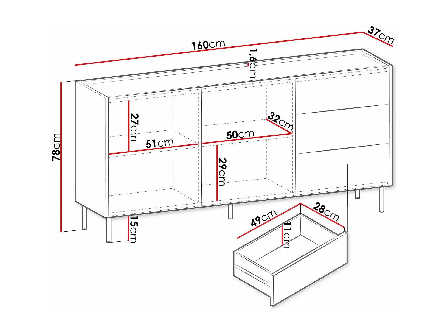 Cassettiera Comfivo Belviro 101, Marmo nero|Noce, Con cassetti e ante, 78x160x37cm