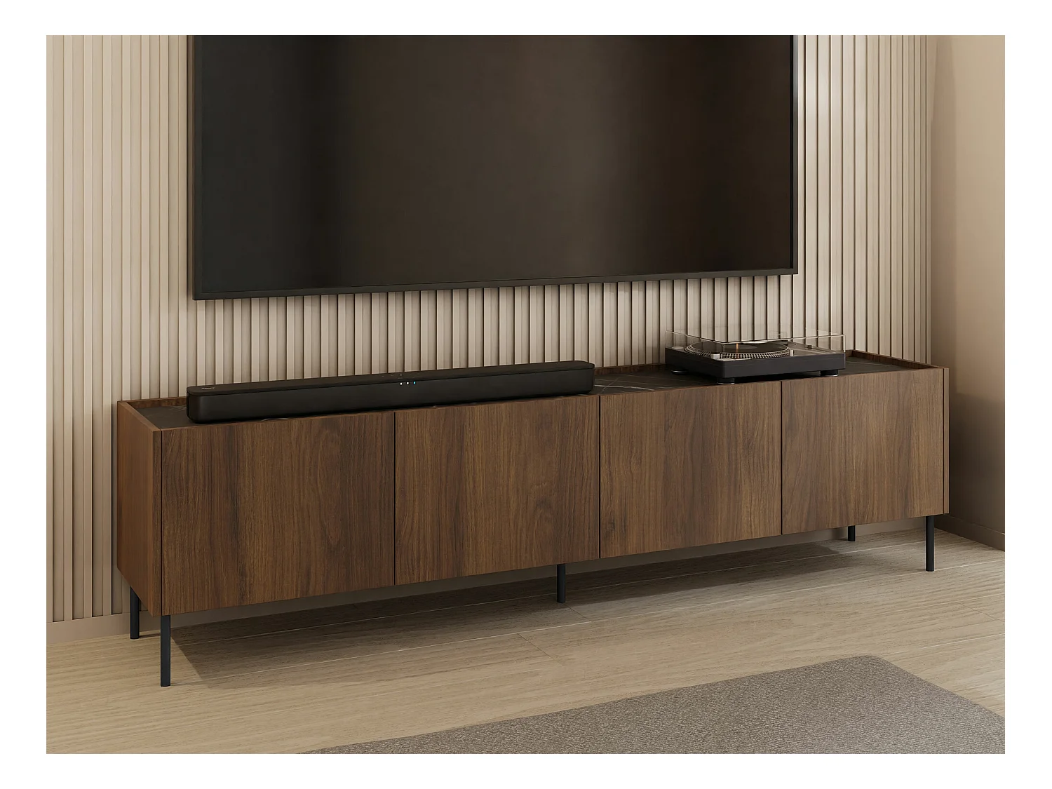 Meuble TV Comfivo Belviro 104, Noyer|Marbre noir, 200x50x37cm