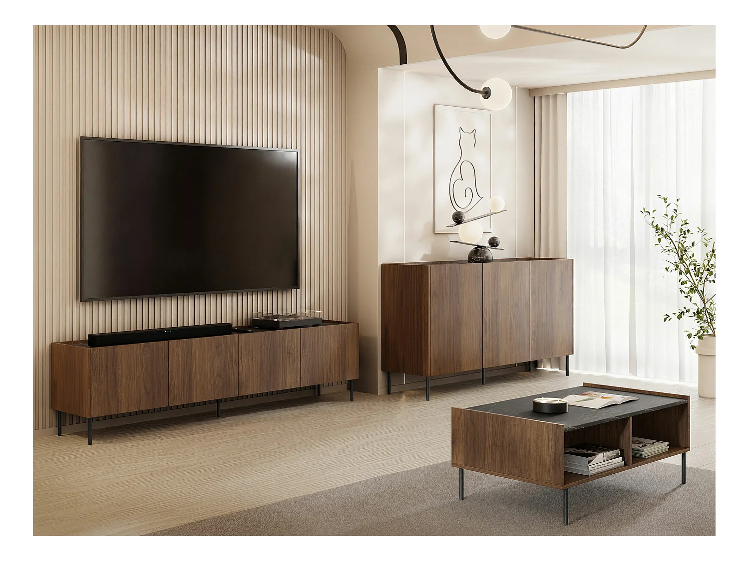 Meuble TV Comfivo Belviro 104, Noyer|Marbre noir, 200x50x37cm