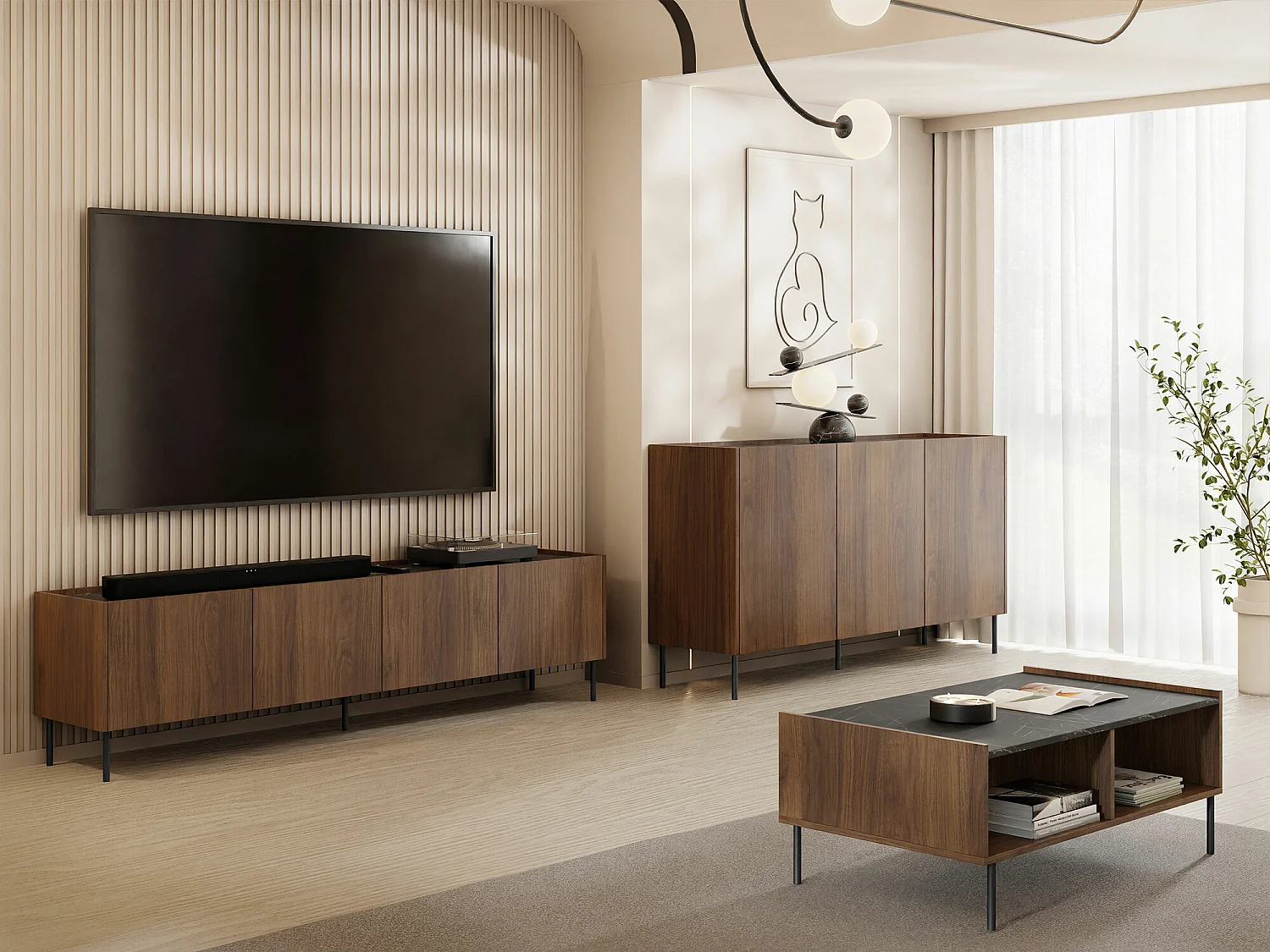 Meuble TV Comfivo Belviro 104, Noyer|Marbre noir, 200x50x37cm