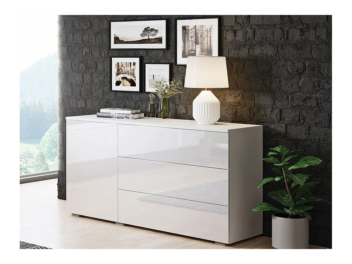 Commode Sarasota 128, Blanc brillant|Blanc, Avec tiroirs et portes, Nombre de tiroirs: 3