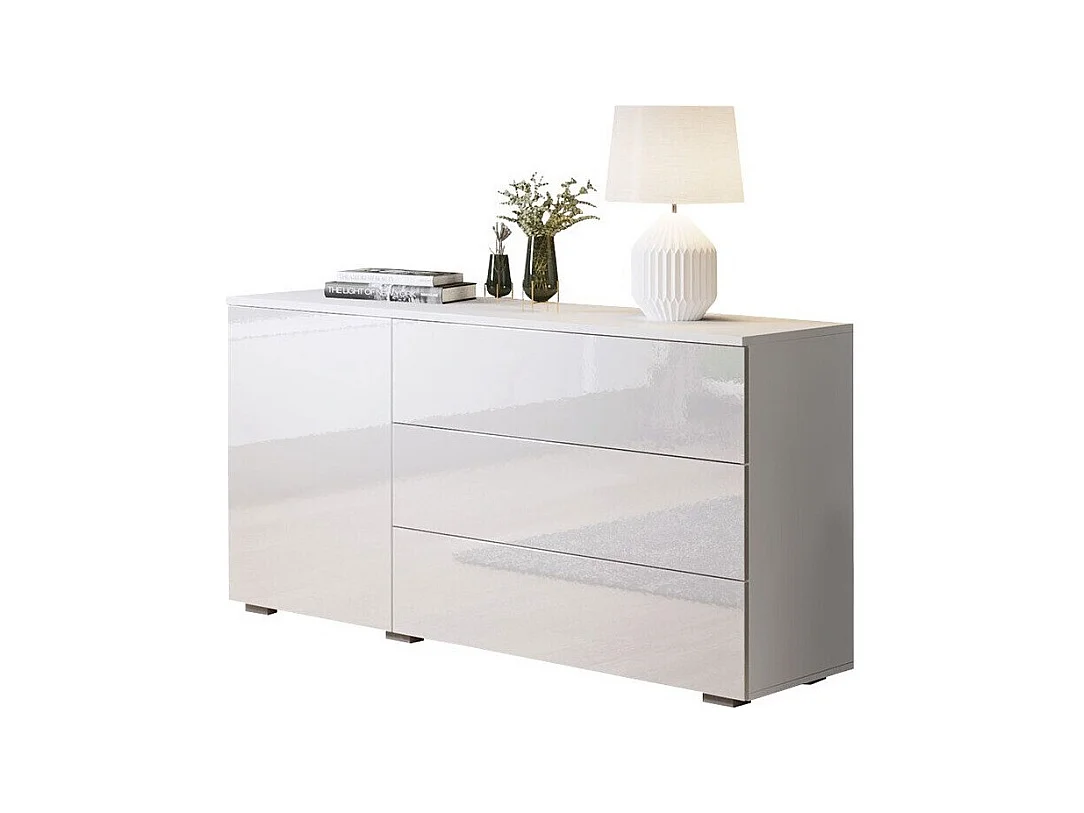Commode Sarasota 128, Blanc brillant|Blanc, Avec tiroirs et portes, Nombre de tiroirs: 3