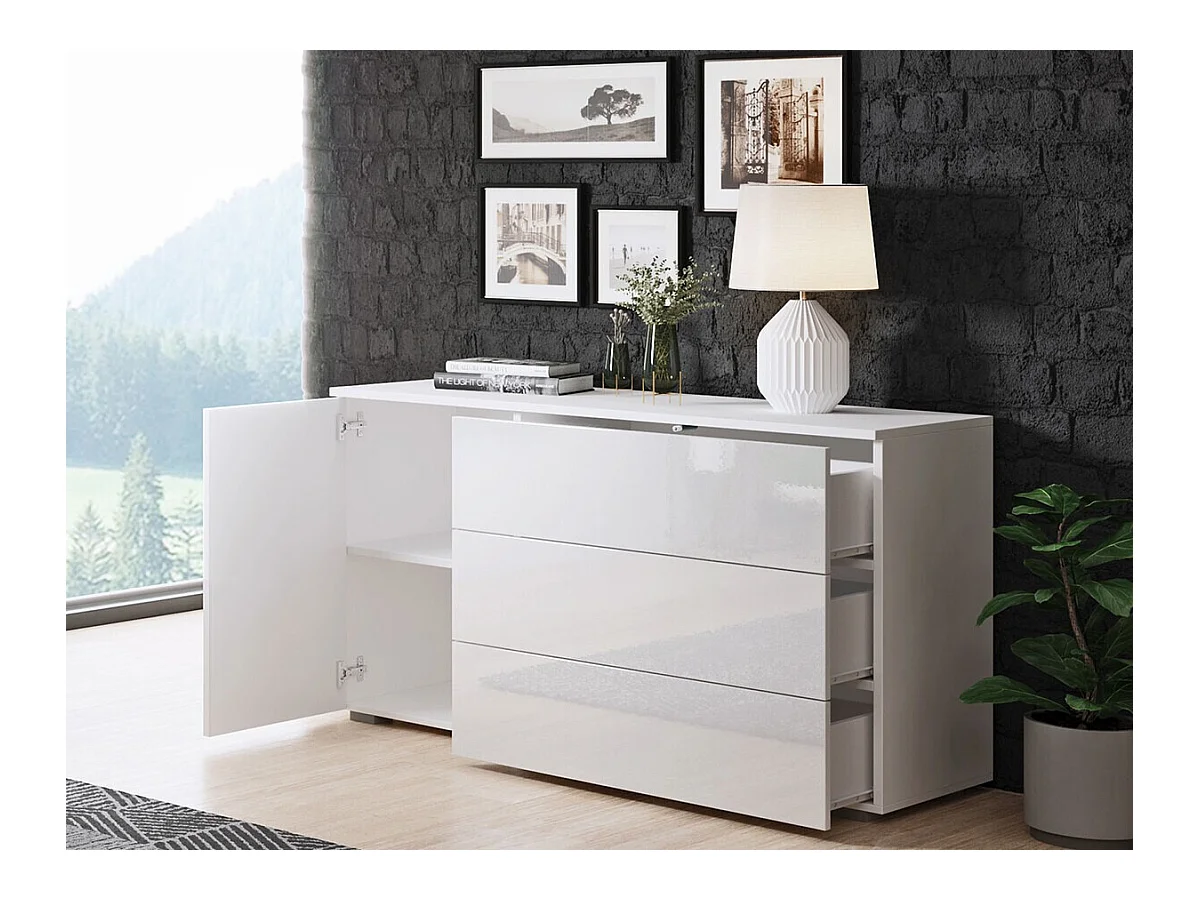 Commode Sarasota 128, Blanc brillant|Blanc, Avec tiroirs et portes, Nombre de tiroirs: 3