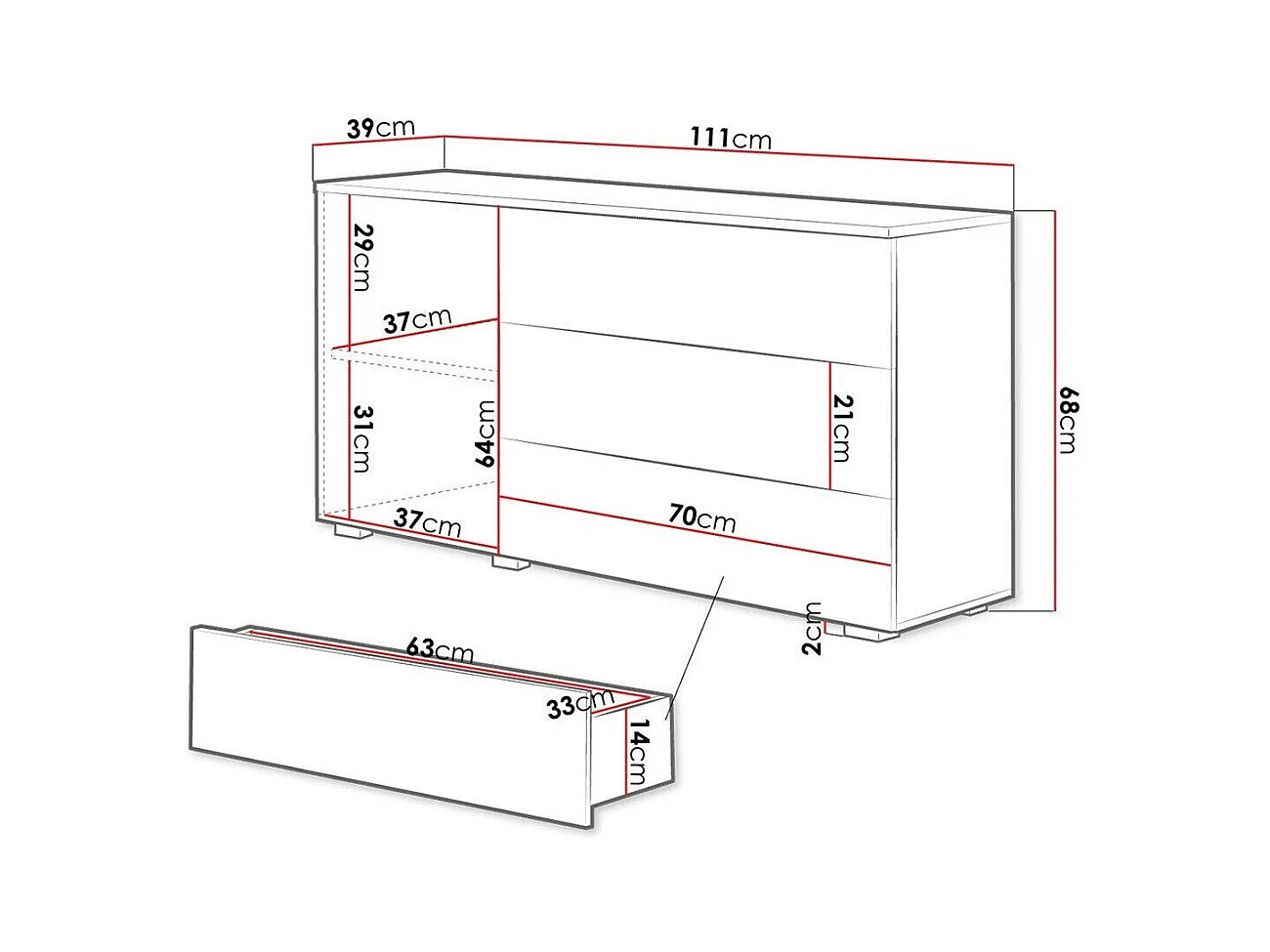 Commode Sarasota 128, Blanc brillant|Blanc, Avec tiroirs et portes, Nombre de tiroirs: 3