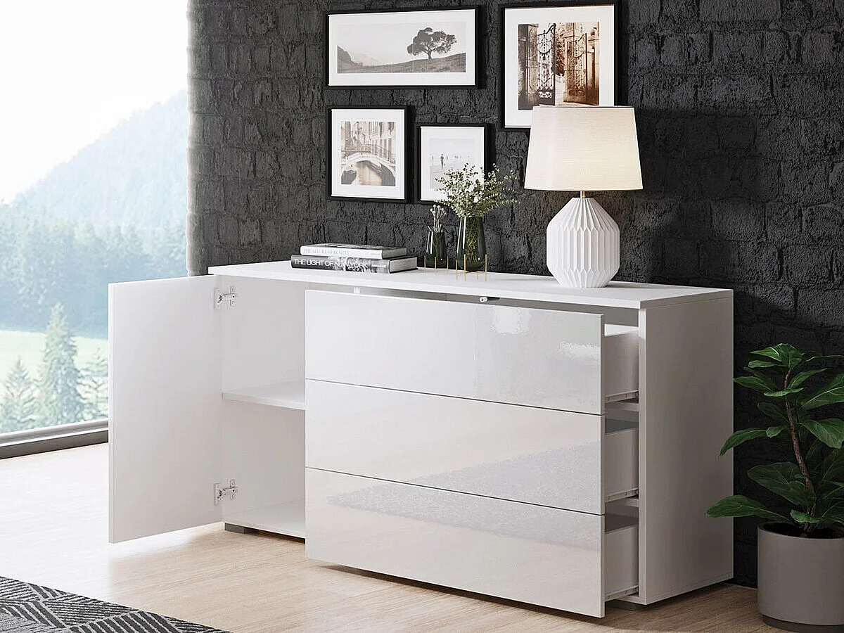 Commode Sarasota 128, Blanc brillant|Blanc, Tiroirs et portes, Nombre de tiroirs: 3, 68cm