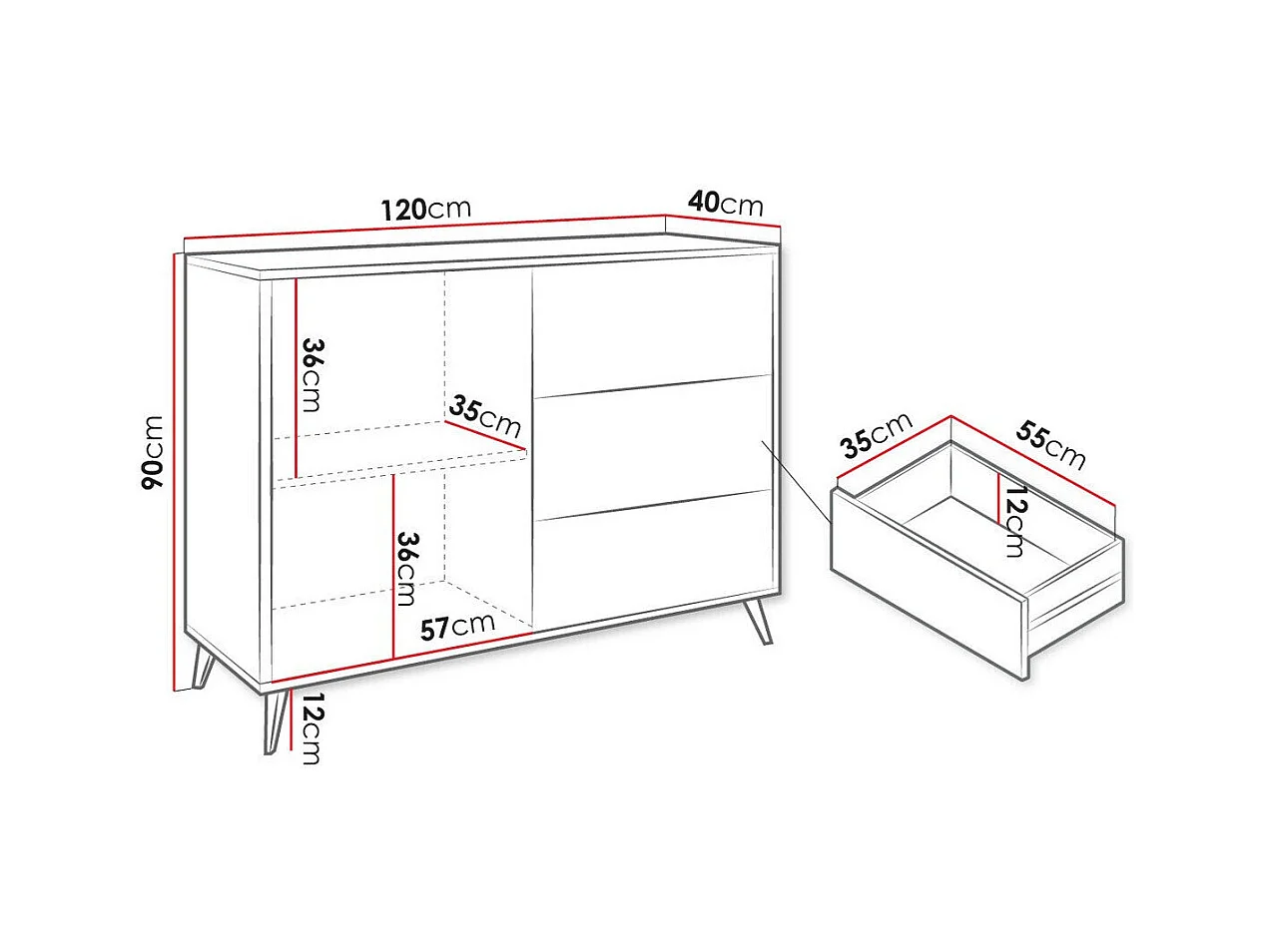 Cómoda Comfivo Lomcali 100, Com gavetas e portas, Número de gavetas: 3