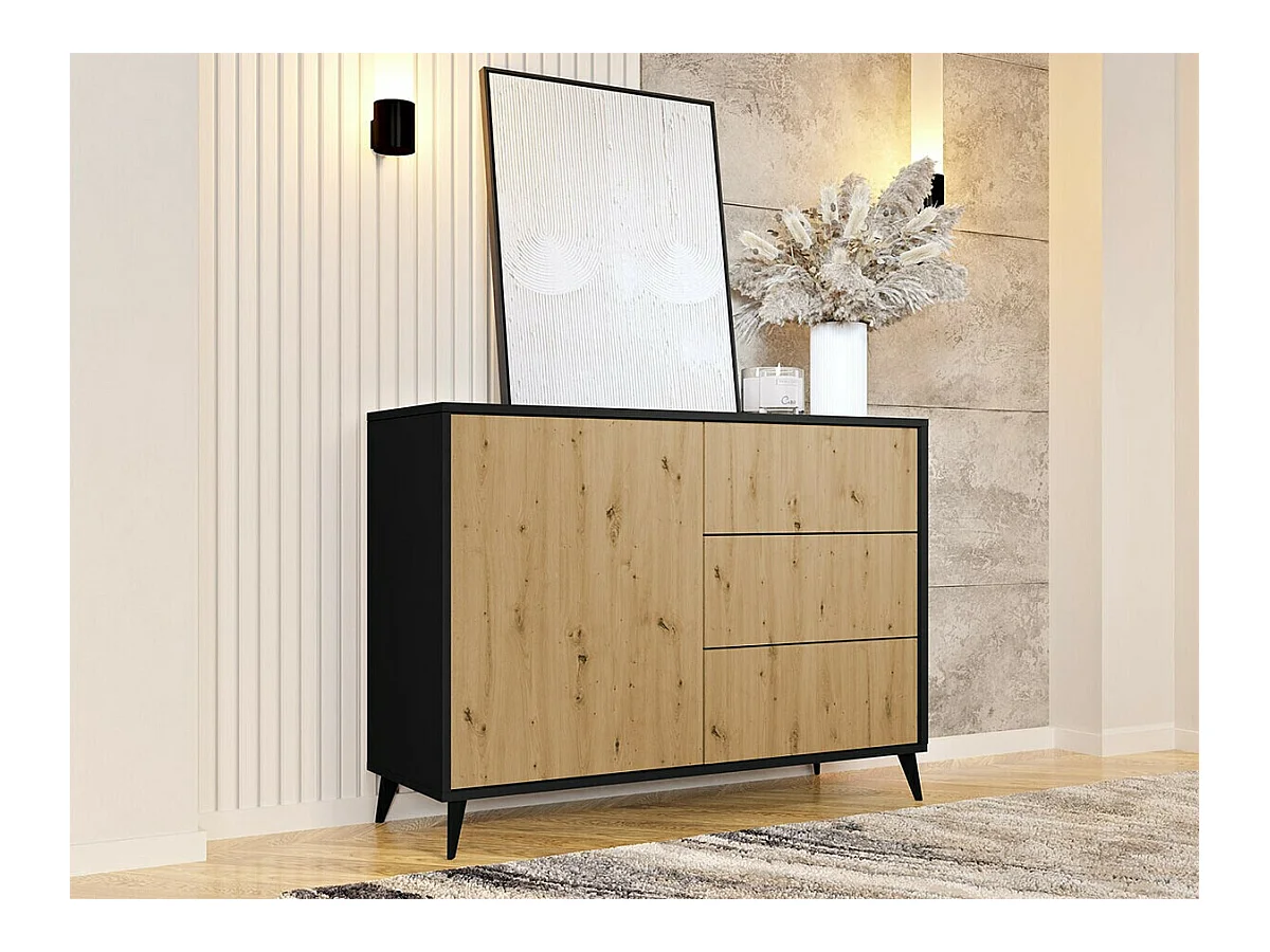 Commode Comfivo Lomcali 100, Noir|Chêne Artisan, Avec tiroirs et portes, 90x120x40cm