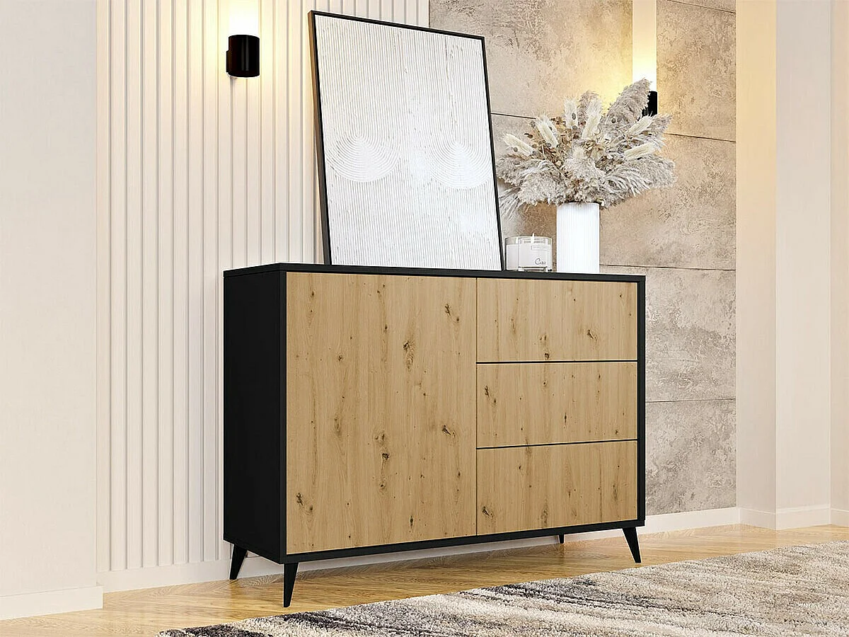 Cómoda Comfivo Lomcali 100, Roble Artisan|Negro, Con cajones y puertas, 90x120x40cm