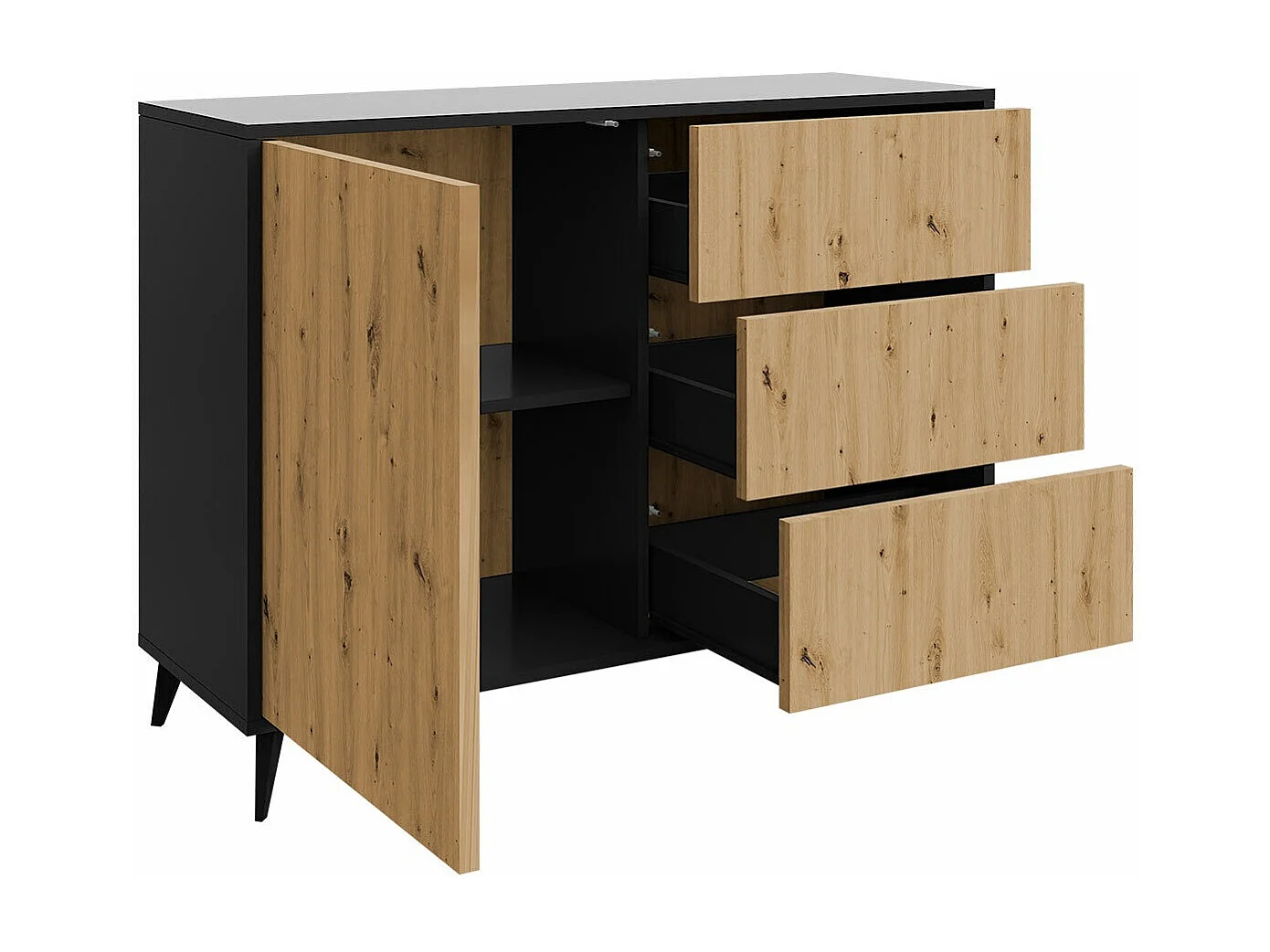 Cómoda Comfivo Lomcali 100, Roble Artisan|Negro, Con cajones y puertas, 90x120x40cm