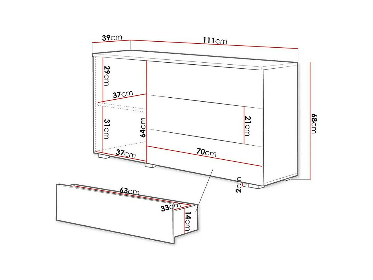 Cómoda Sarasota 128, Com gavetas e portas, Número de gavetas: 3