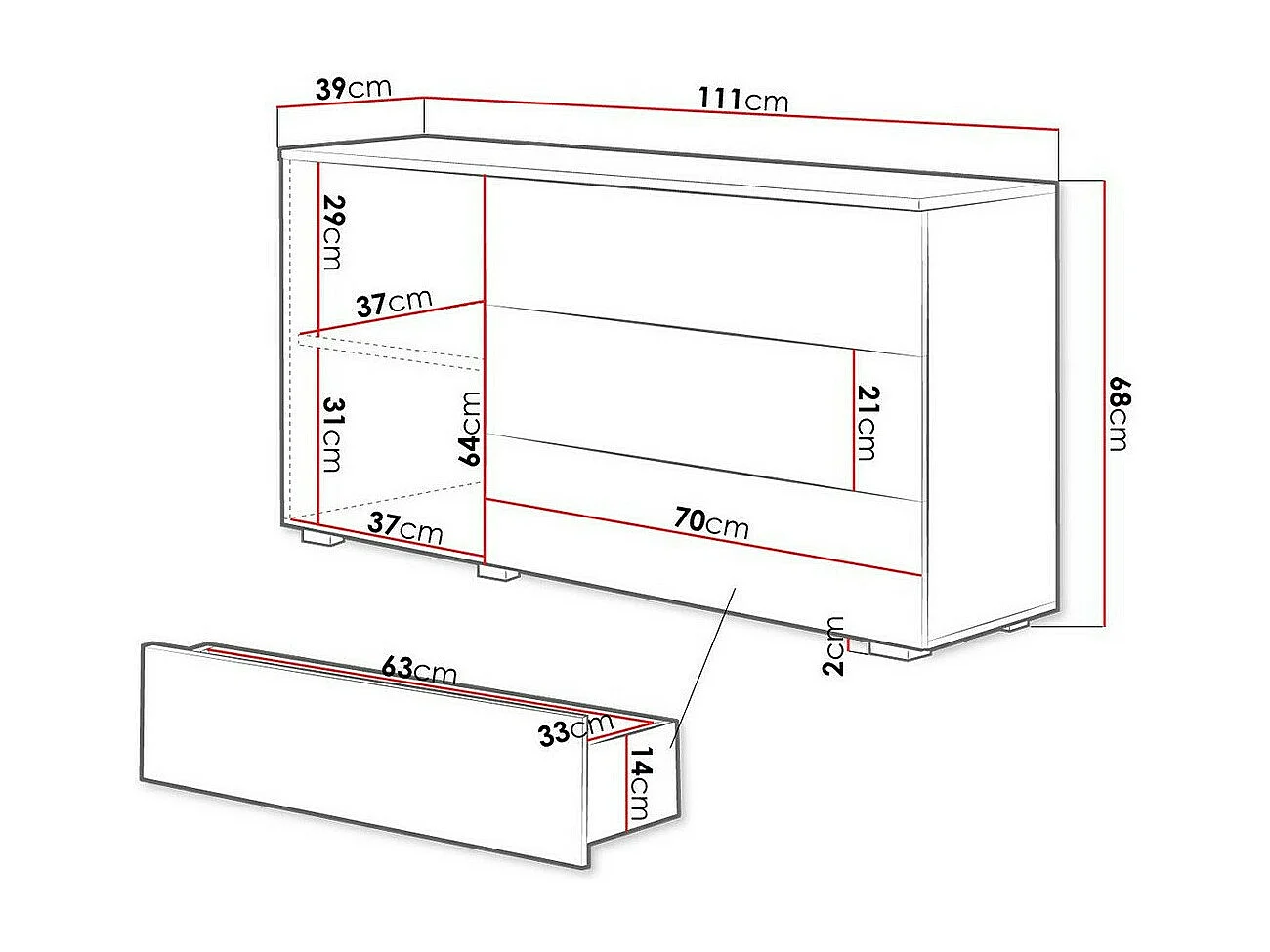 Cómoda Sarasota 128, Com gavetas e portas, Número de gavetas: 3