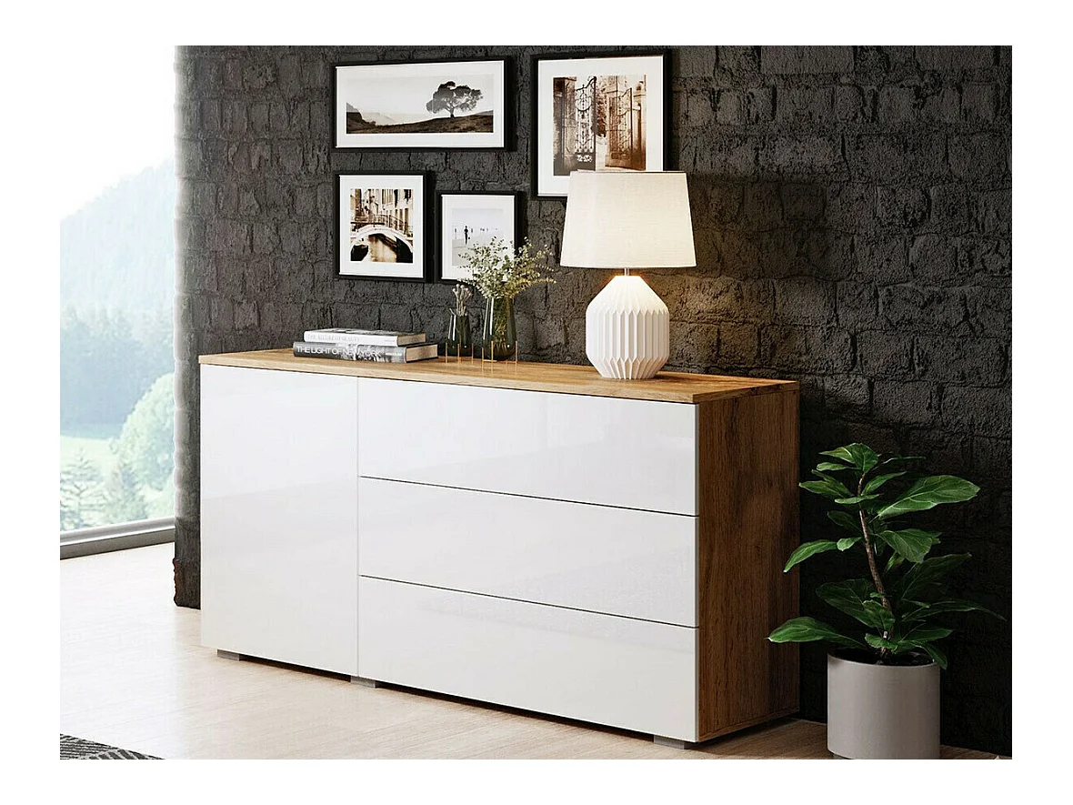 Commode Sarasota 128, Blanc brillant|Chêne wotan, Avec tiroirs et portes, 68x111x39cm