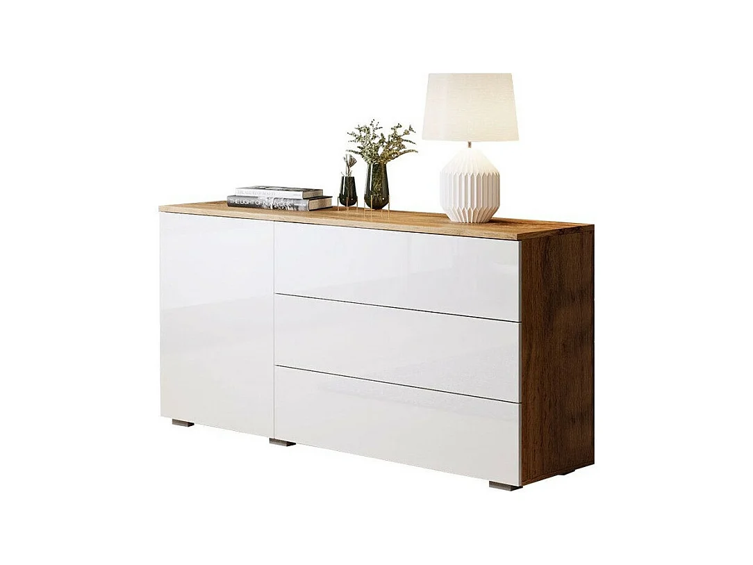 Commode Sarasota 128, Blanc brillant|Chêne wotan, Avec tiroirs et portes, 68x111x39cm