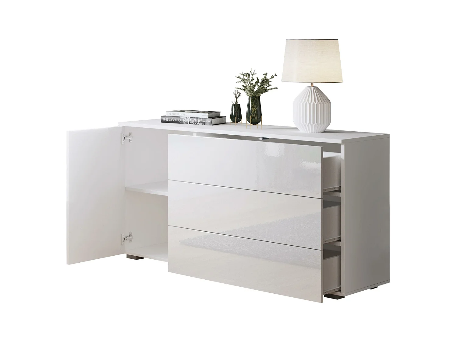 Commode Sarasota 128, Blanc brillant|Chêne wotan, Avec tiroirs et portes, 68x111x39cm