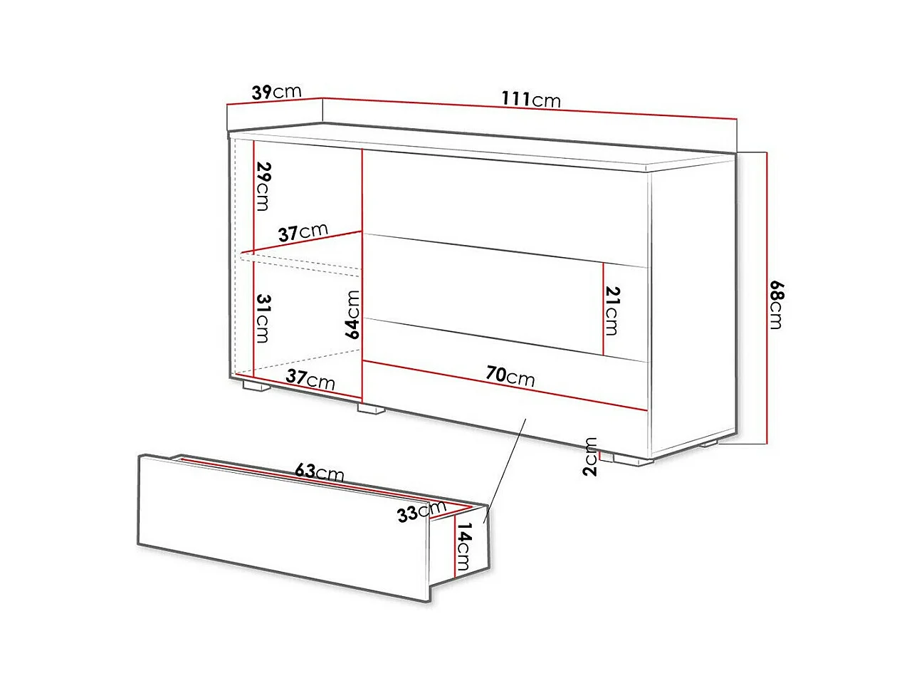 Commode Sarasota 128, Blanc brillant|Chêne wotan, Avec tiroirs et portes, 68x111x39cm