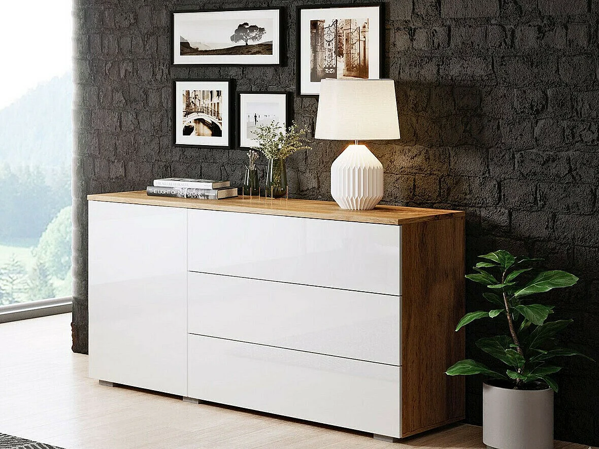 Cómoda Sarasota 128, Blanco brillante|Roble wotan, Con cajones y puertas, 68x111x39cm