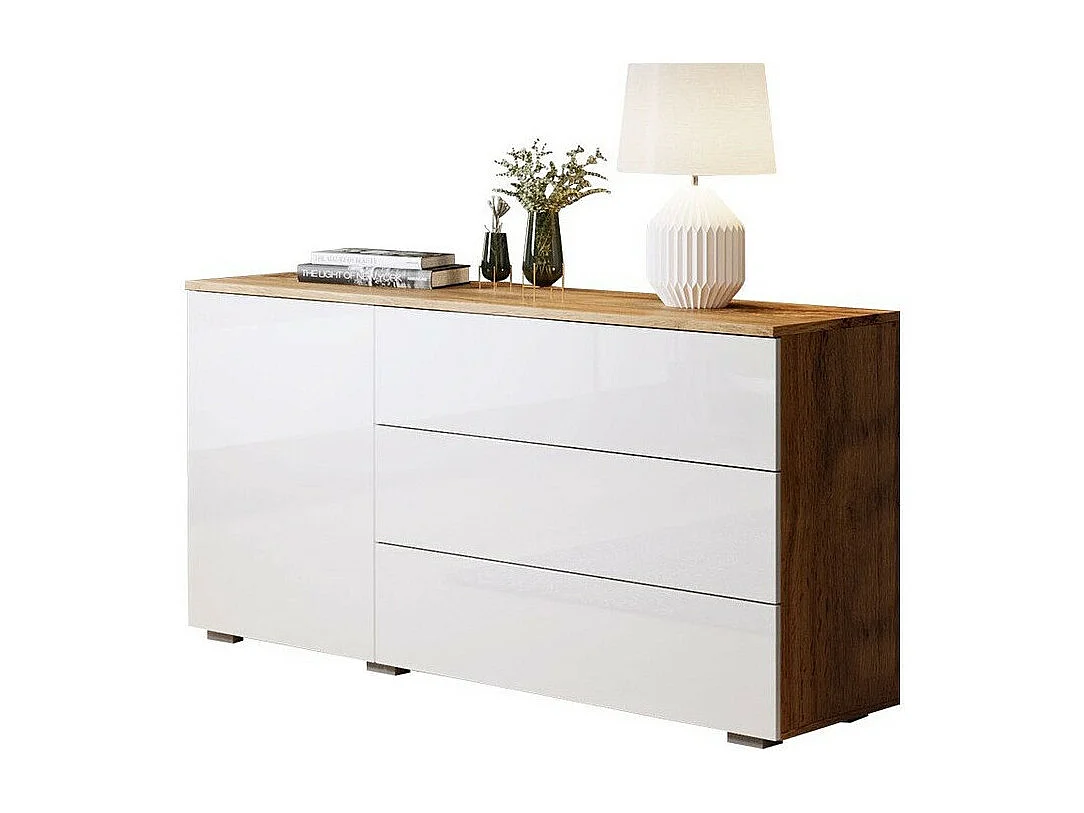 Cómoda Sarasota 128, Blanco brillante|Roble wotan, Con cajones y puertas, 68x111x39cm
