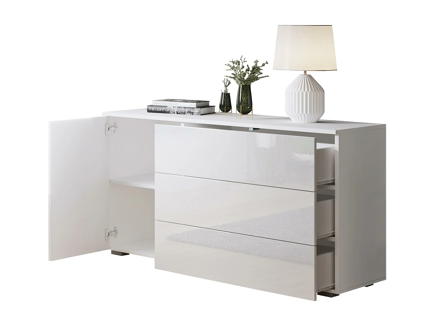 Cómoda Sarasota 128, Blanco brillante|Roble wotan, Con cajones y puertas, 68x111x39cm