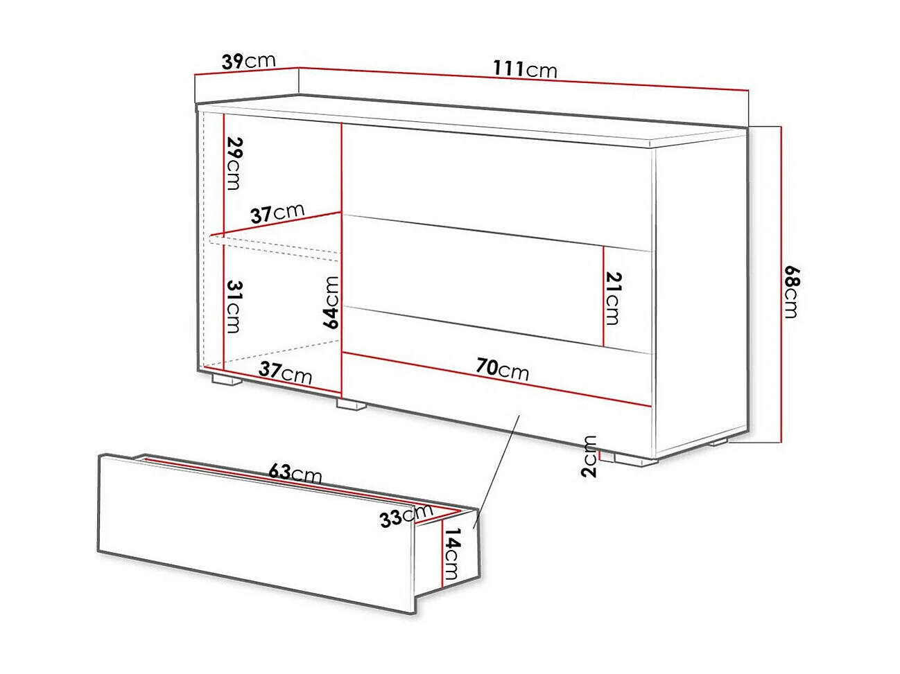 Cómoda Sarasota 128, Blanco brillante|Roble wotan, Con cajones y puertas, 68x111x39cm