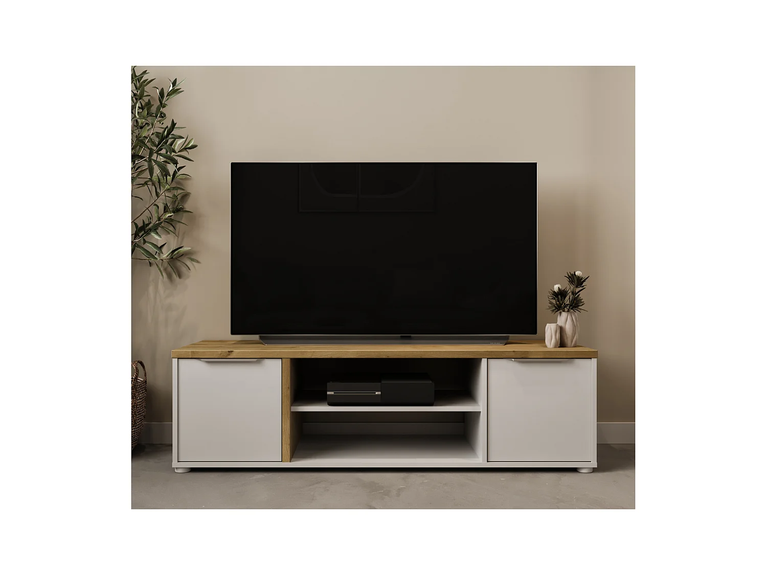 ACCESS TVBank – 2 Türen + 1 Nische – HamiltonEiche und Weiß – 134,8 x 39,6 x 39,1 cm