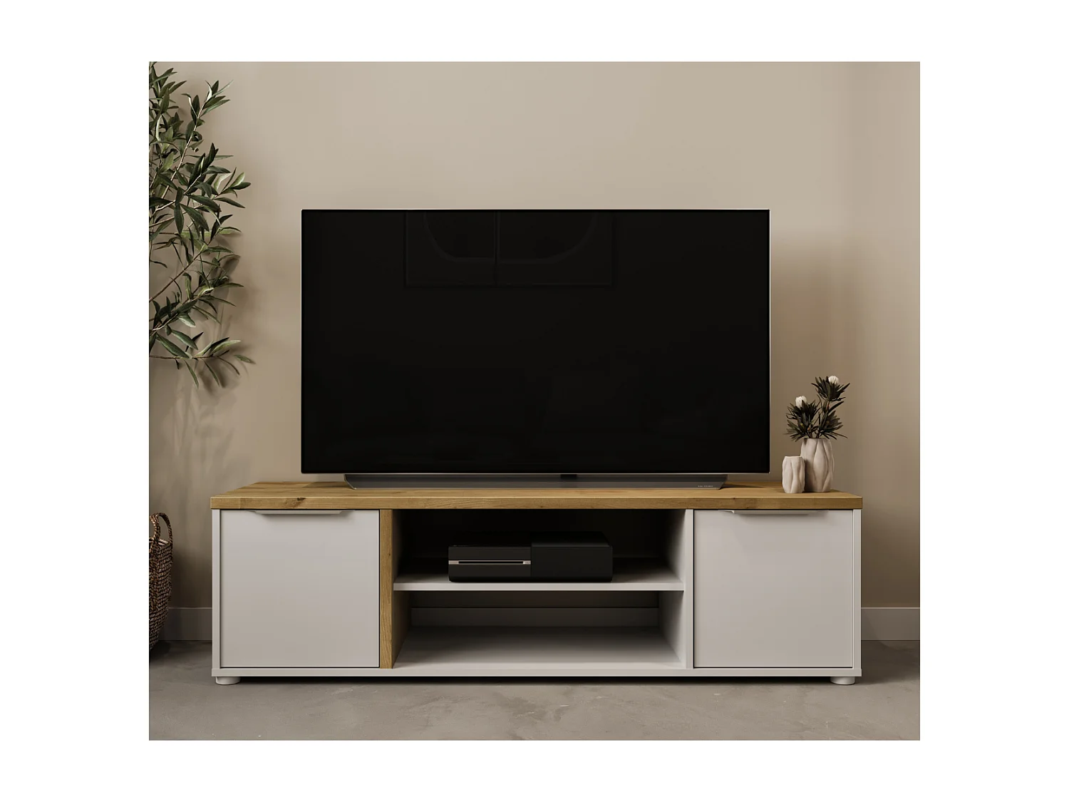 Meuble TV 2 portes et 2 niches décor chêne et blanc L135 cm - ACCESS