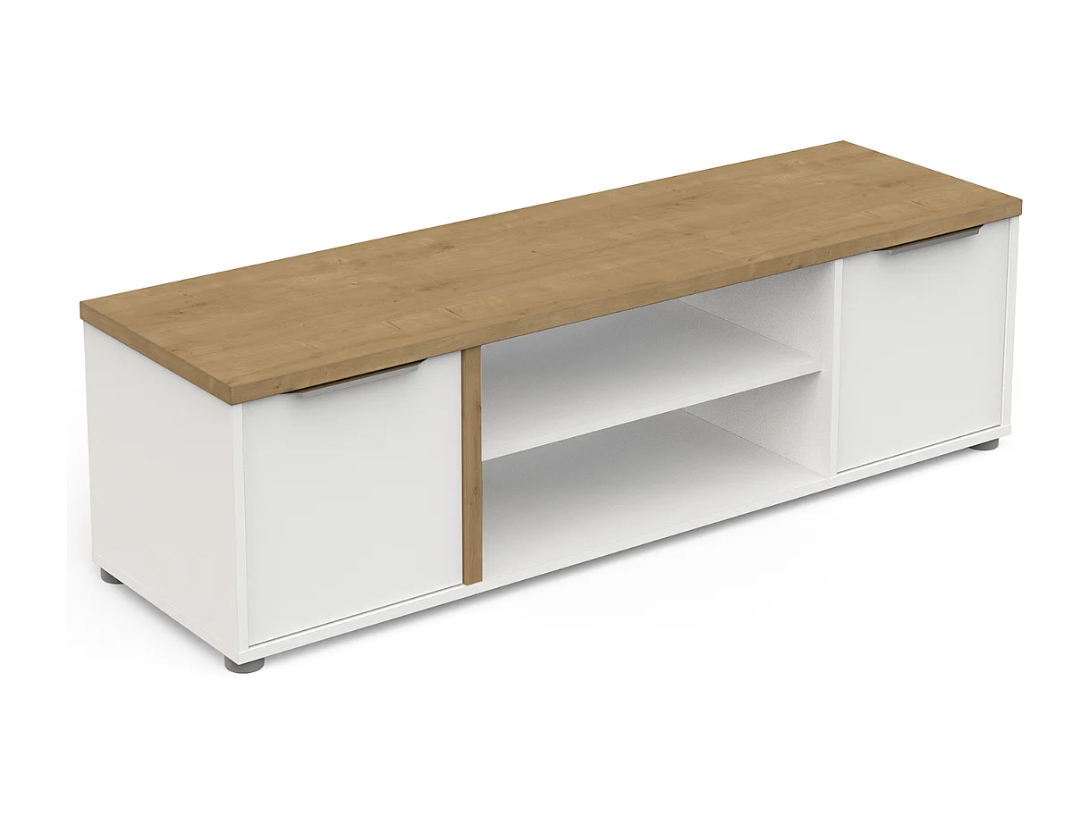 Meuble TV 2 portes et 2 niches décor chêne et blanc L135 cm - ACCESS