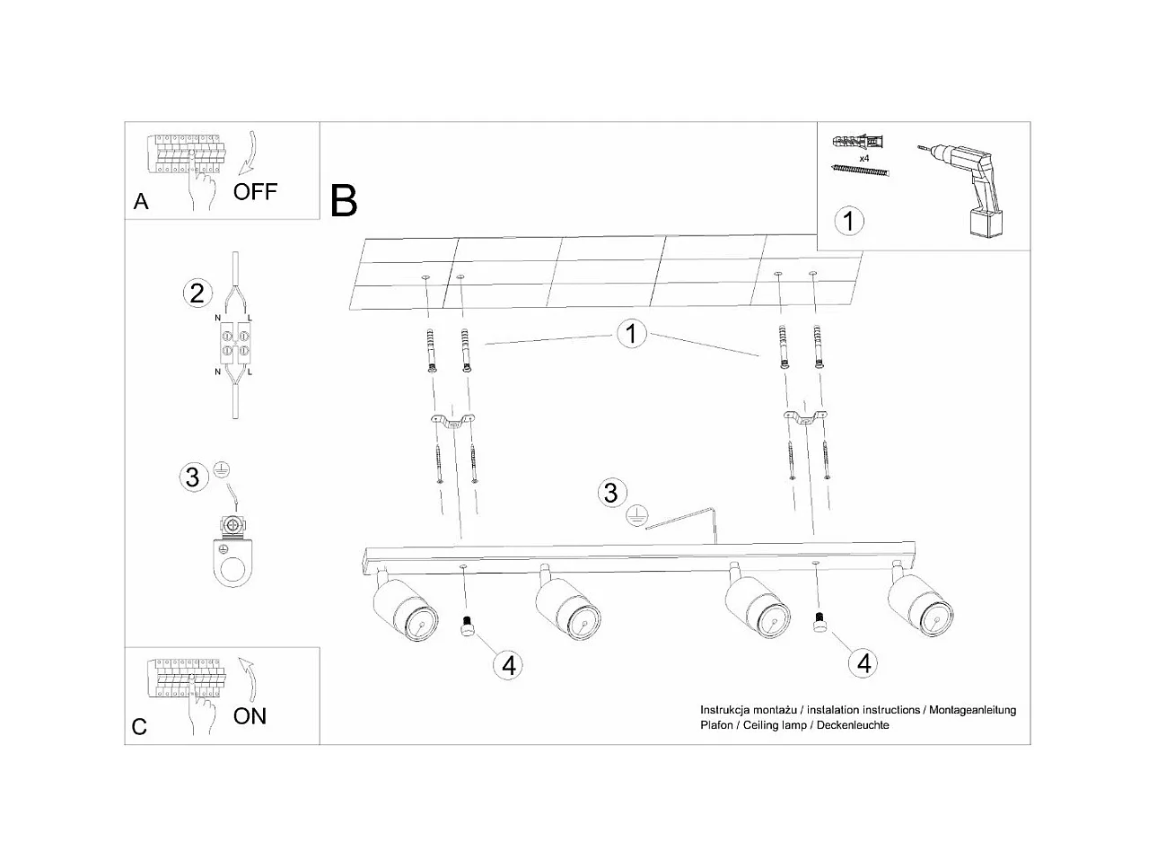 Plafonnier Nereus 4 noir-chrome