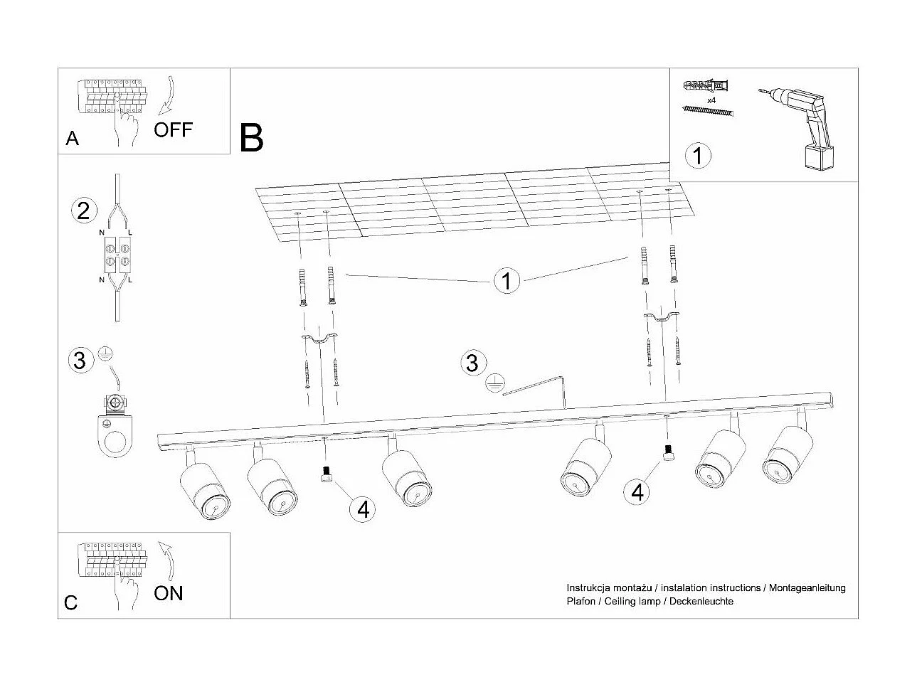 Plafonnier Nereus 6 noir-chrome