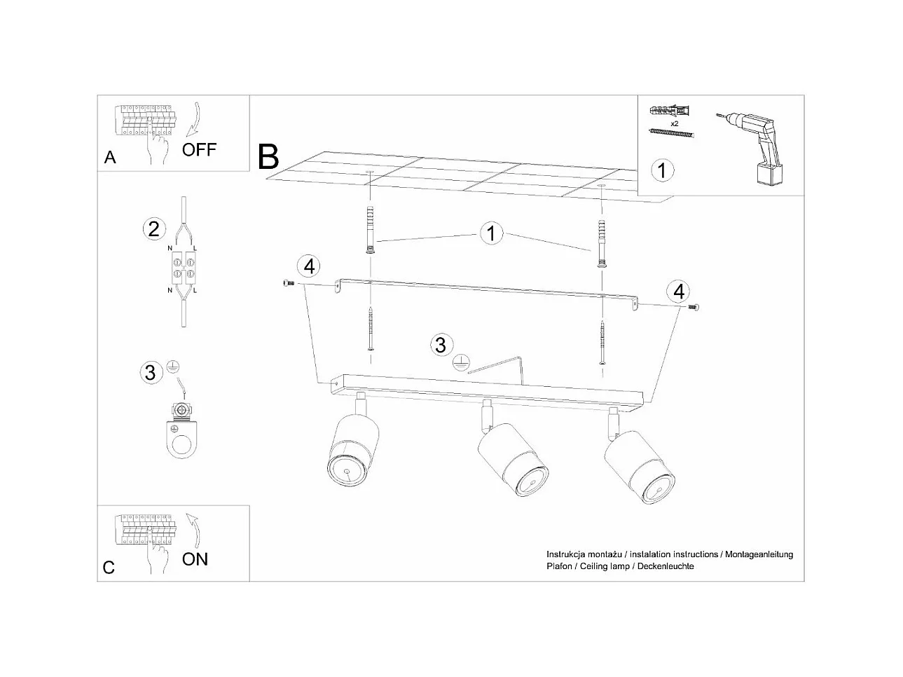 Plafonnier Nereus 3 noir-chrome