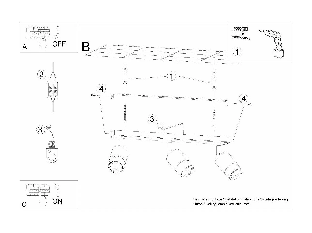 Plafonnier Nereus 3 noir-chrome