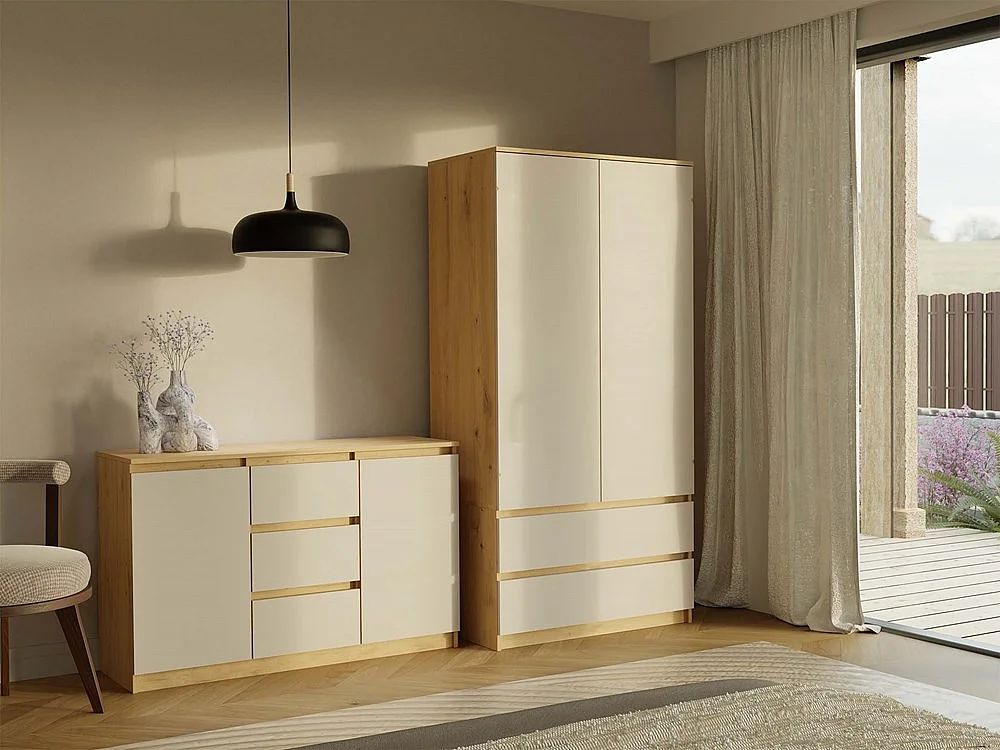 Malwa SS-90 | Dąb Artisan/Kaszmir | 90x50x180 cm | Szafa 2 Drzwi 2 Szuflady