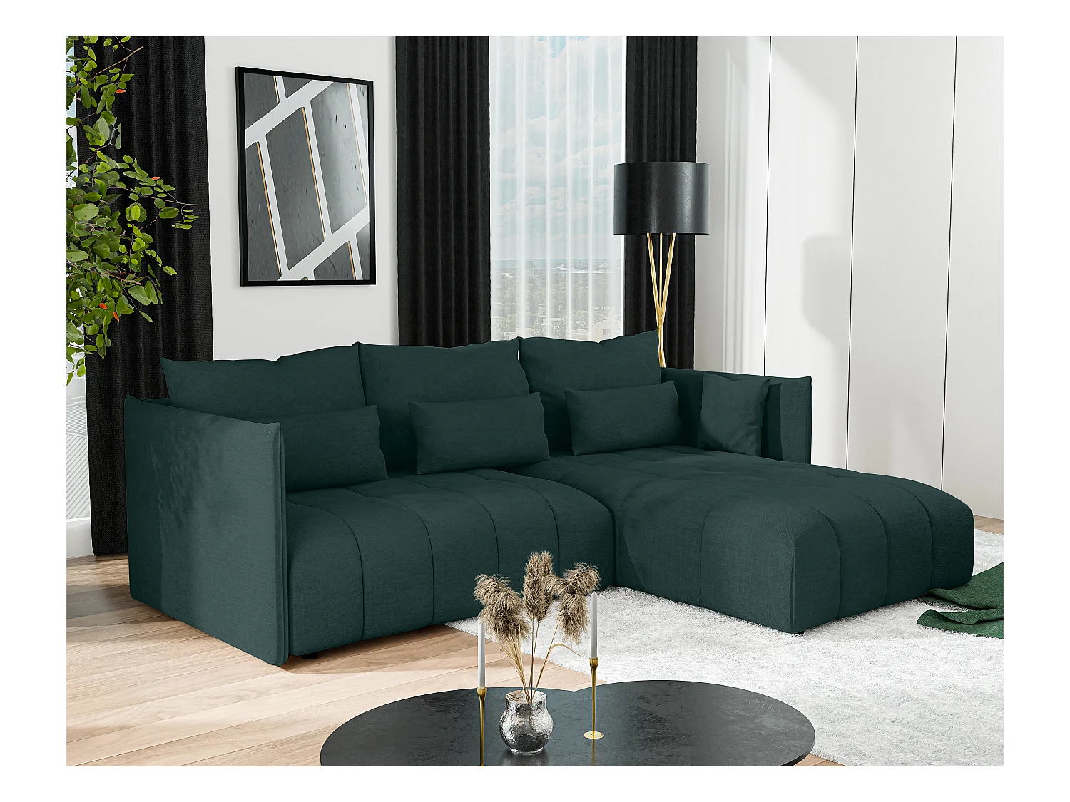 AX LIVING Canapé d'angle vert avec fonction couchage Cosmova 245 cm