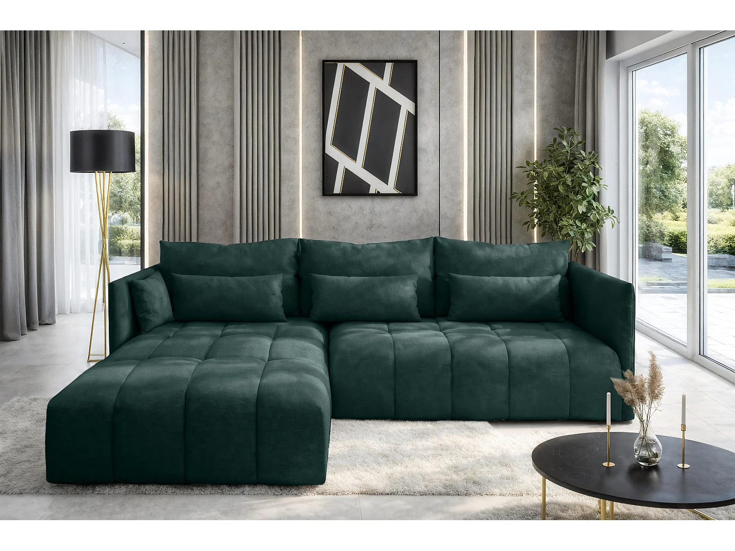 AX LIVING Canapé d'angle vert avec fonction couchage Cosmova 245 cm