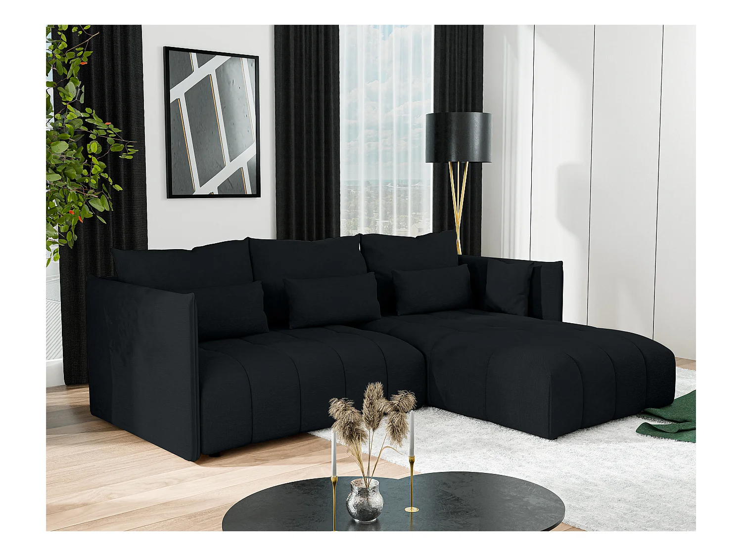 AX LIVING Canapé d'angle noir avec fonction couchage Cosmova 245 cm
